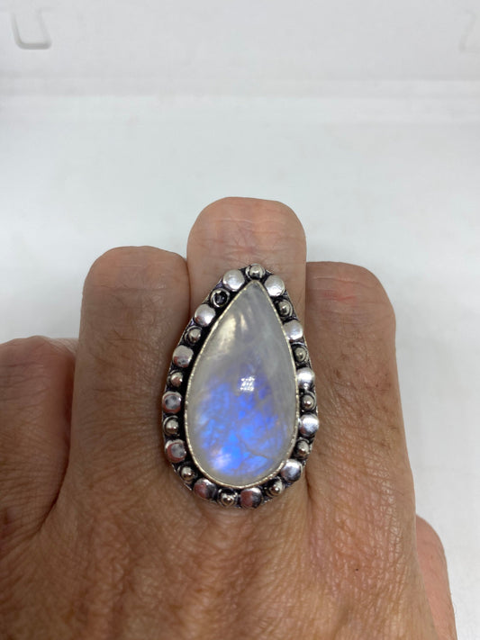 Vintage Genuine Blue White Rainbow Moonstone Ring