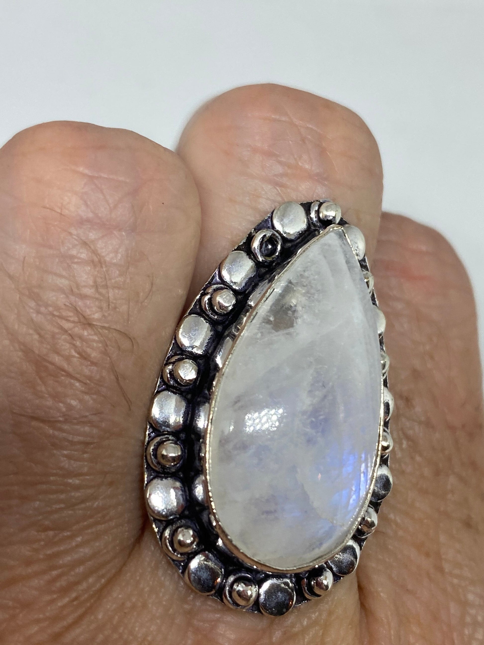 Vintage Genuine Blue White Rainbow Moonstone Ring