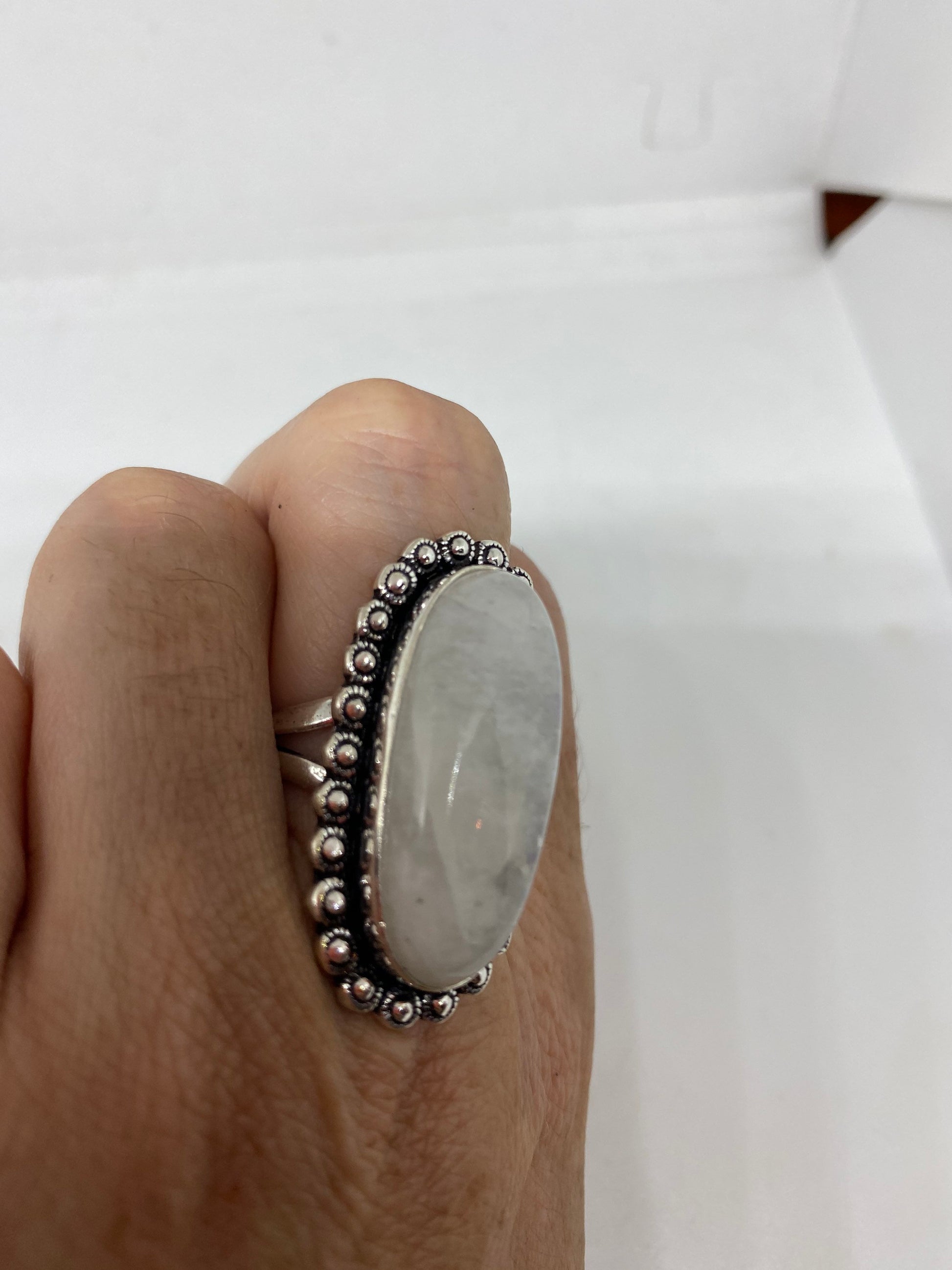 Vintage Genuine Blue White Rainbow Moonstone Ring