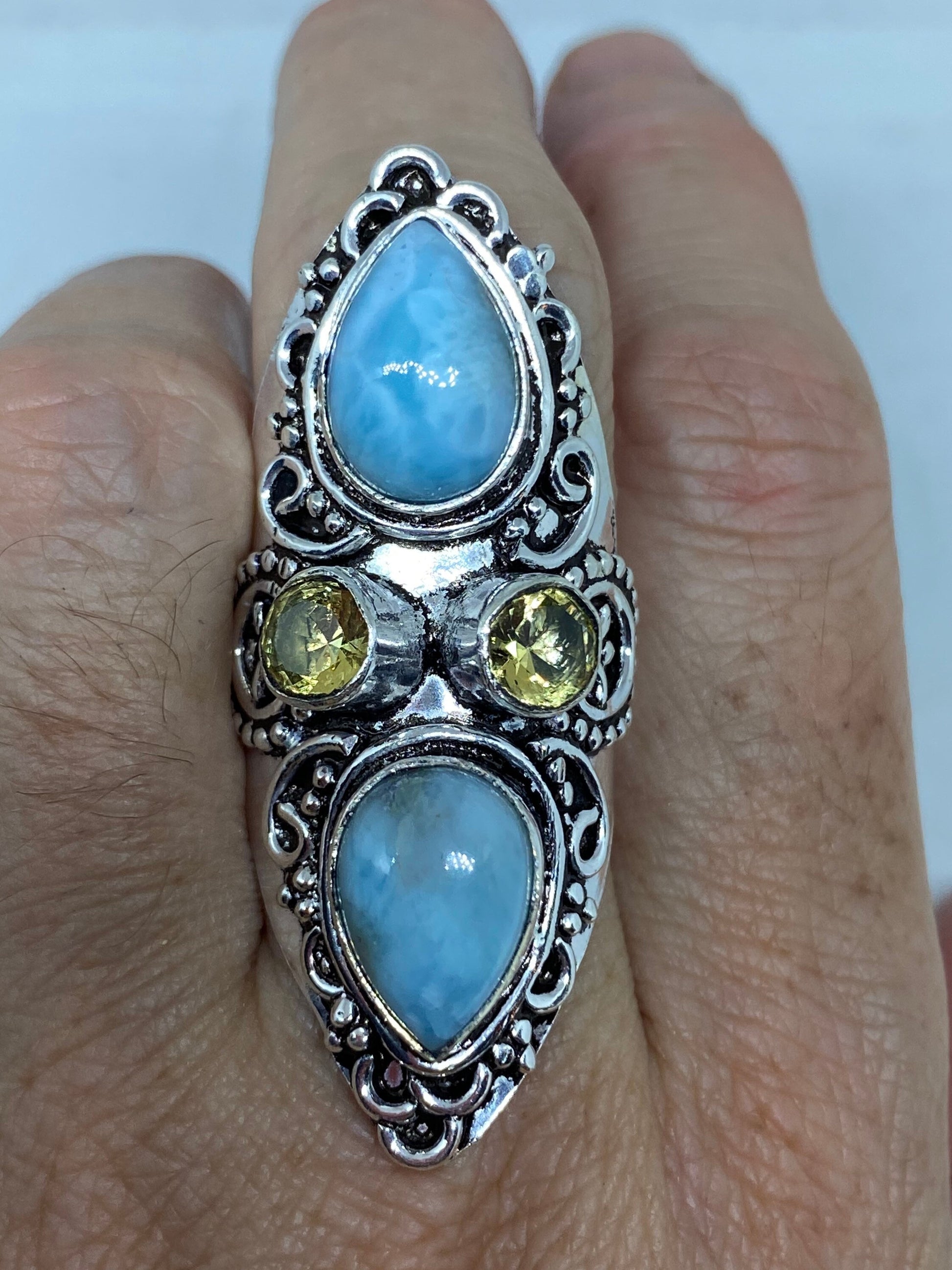 Vintage Blue Genuine Larimar Citrine Ring