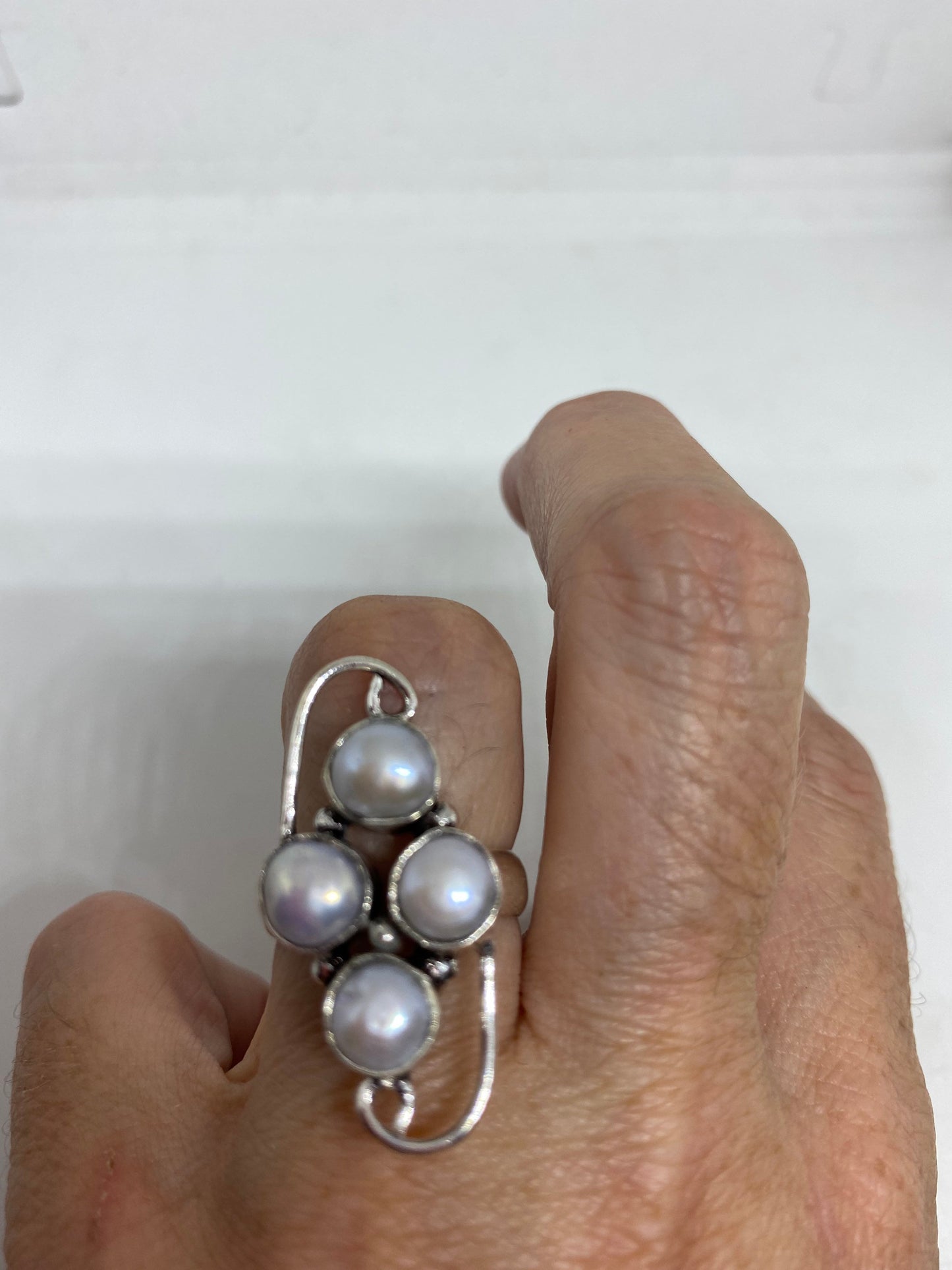 Vintage White Genuine Pearl Silver Cocktail Ring Size 6.25