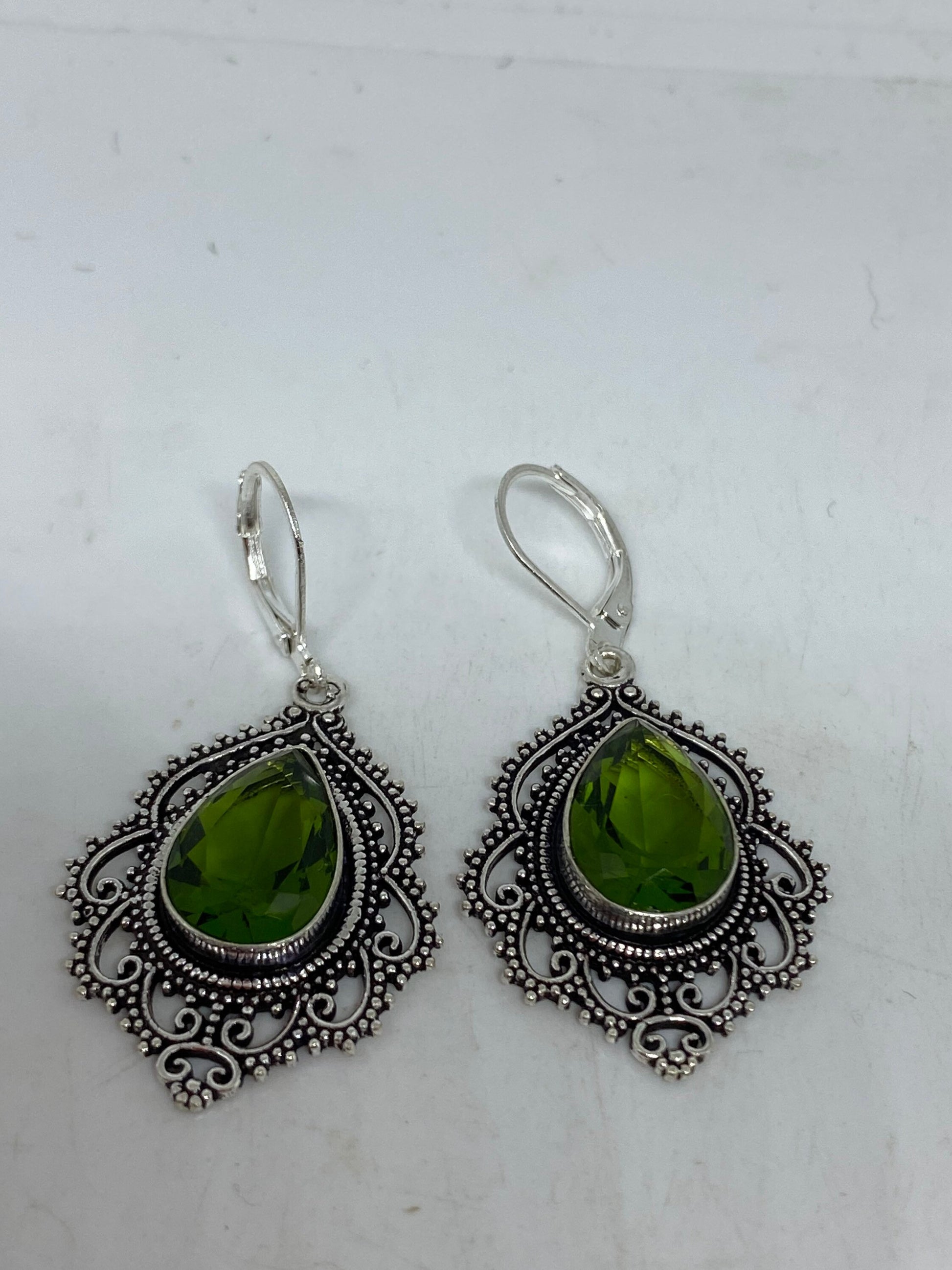 Antique Vintage Green Peridot Silver Dangle Earrings