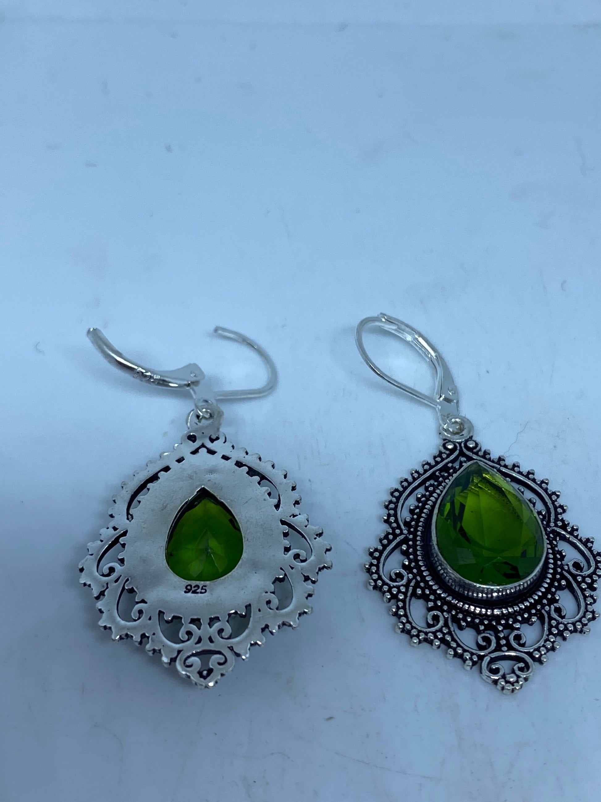 Antique Vintage Green Peridot Silver Dangle Earrings