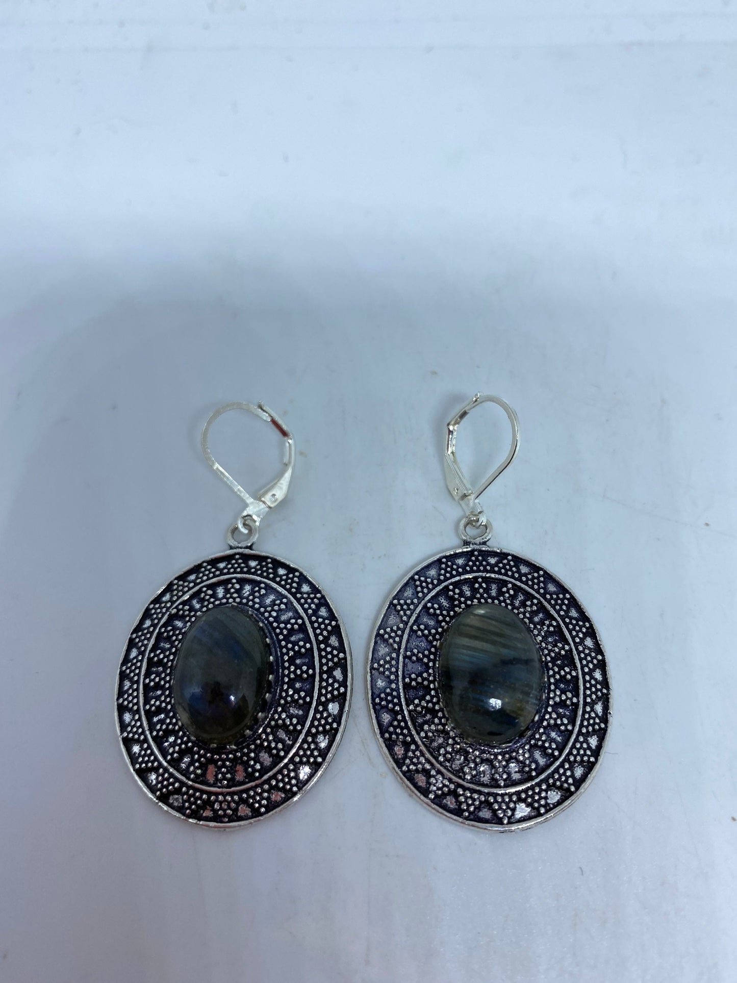 Antique Vintage Green Labradorite Silver Dangle Earrings