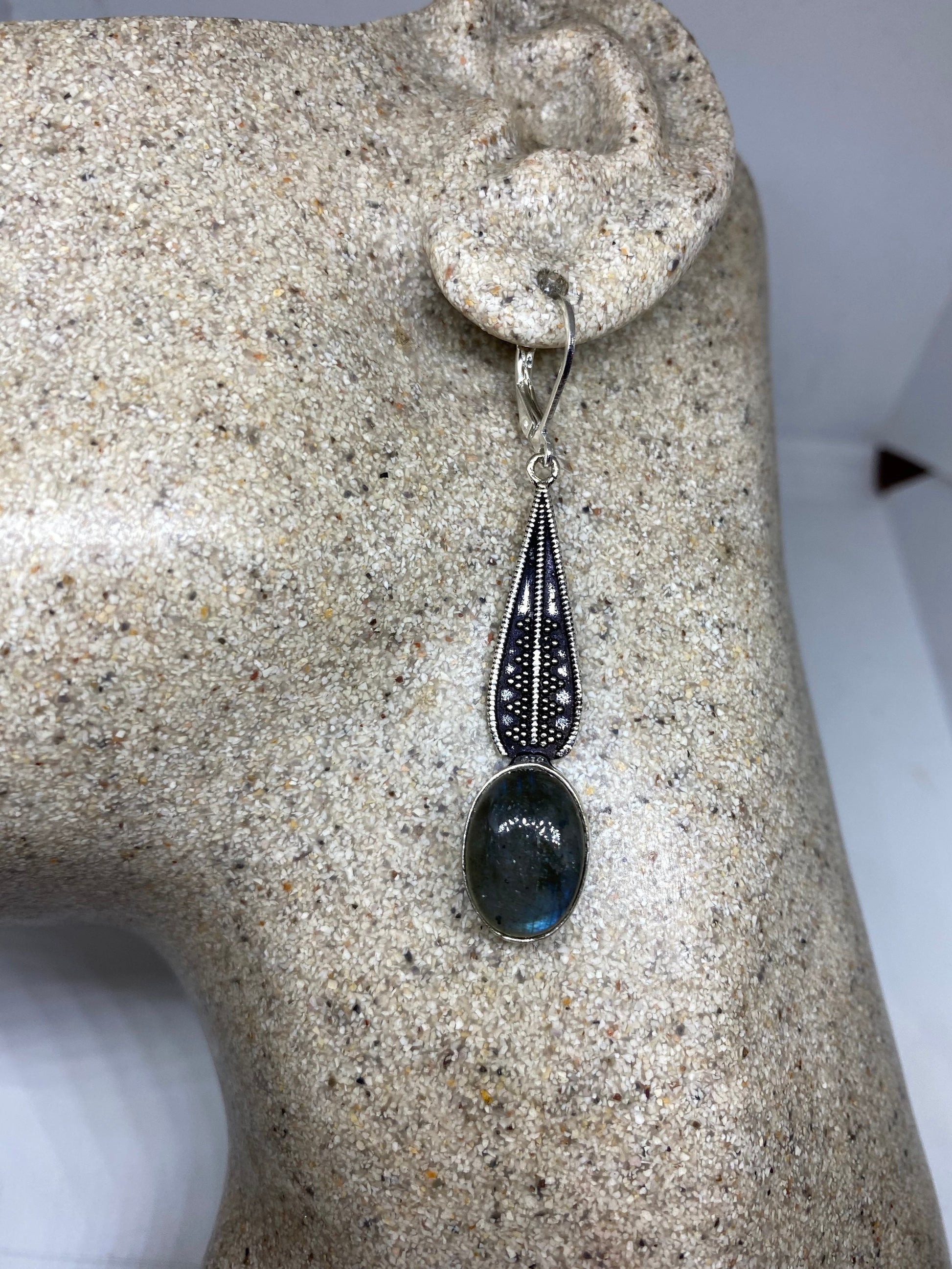 Antique Vintage Green Labradorite Silver Dangle Earrings