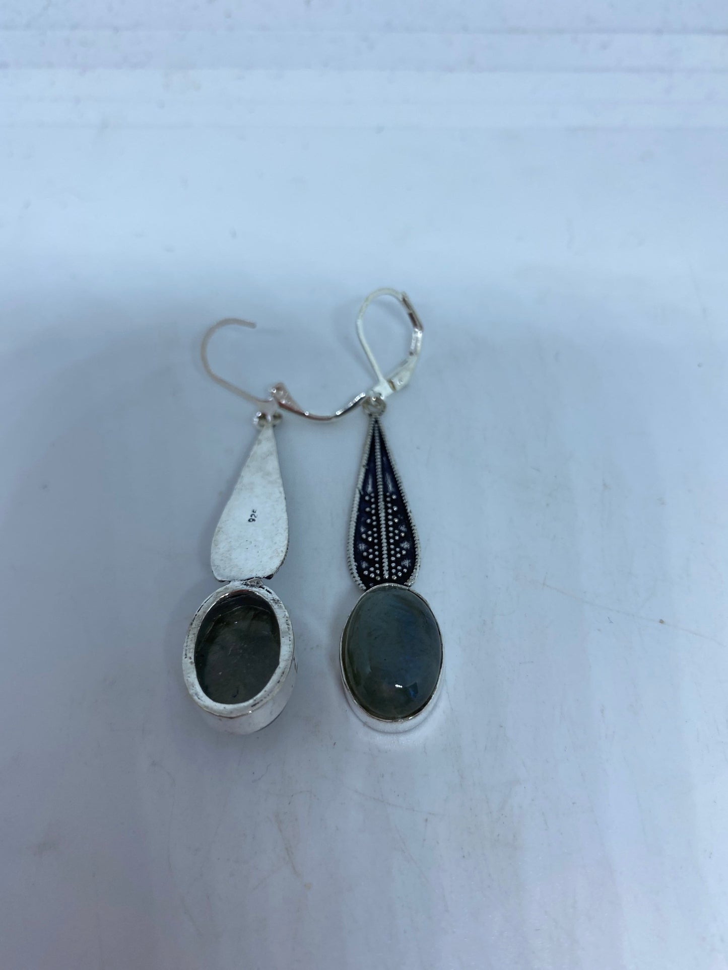 Antique Vintage Green Labradorite Silver Dangle Earrings