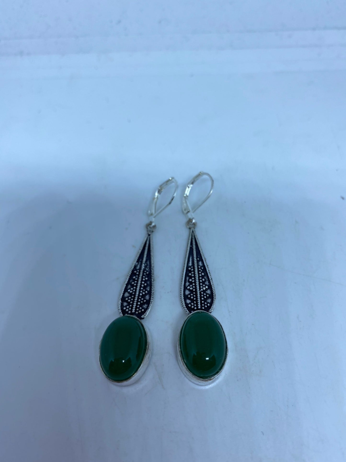 Antique Vintage Green Chrysoprase Silver Dangle Earrings