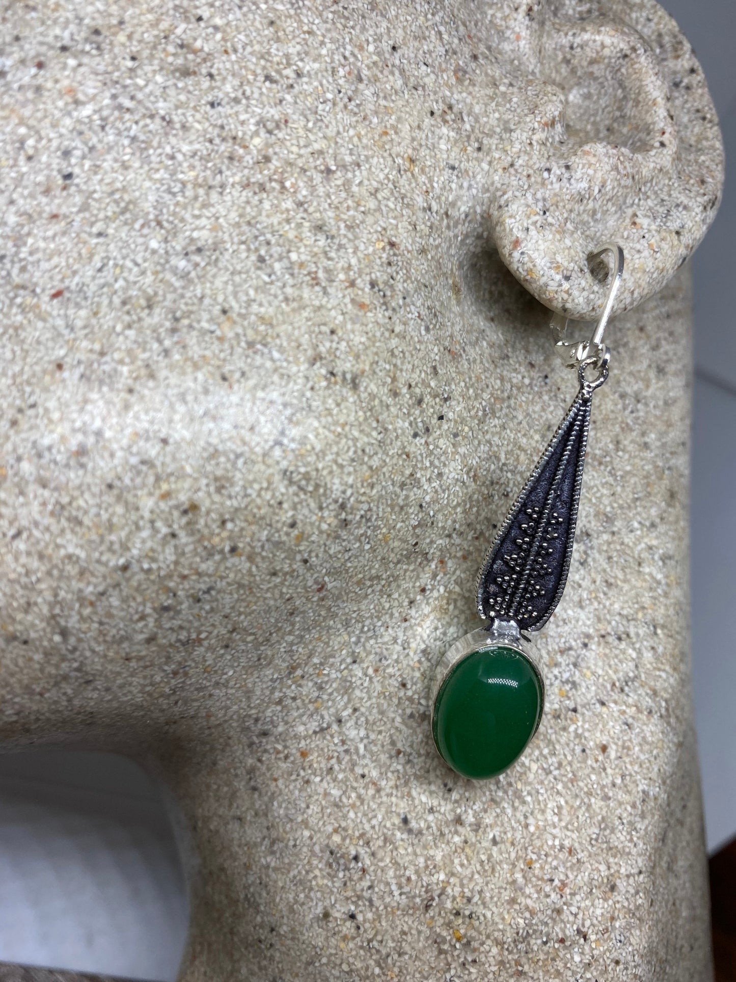 Antique Vintage Green Chrysoprase Silver Dangle Earrings