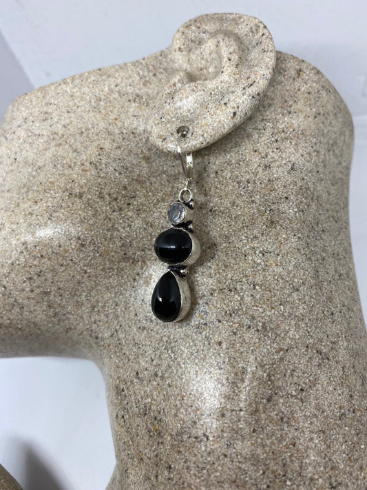 Vintage Black Earring Onyx 925 Sterling Silver Deco Dangle Chandelier