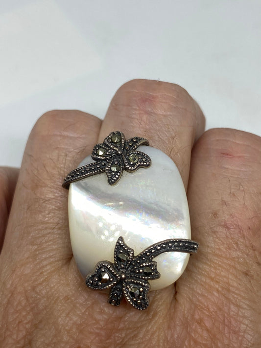 Vintage Marcasite Ring Mother of Pearl 925 Sterling Silver Cocktail Statement