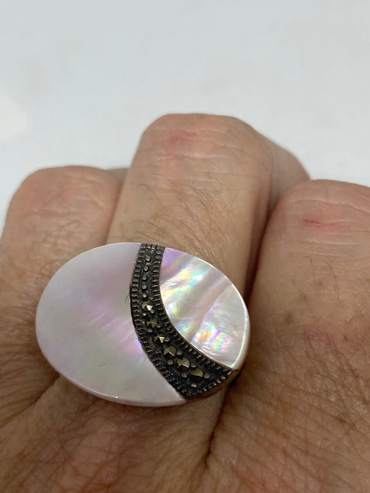 Vintage Marcasite Ring Mother of Pearl 925 Sterling Silver Cocktail Statement