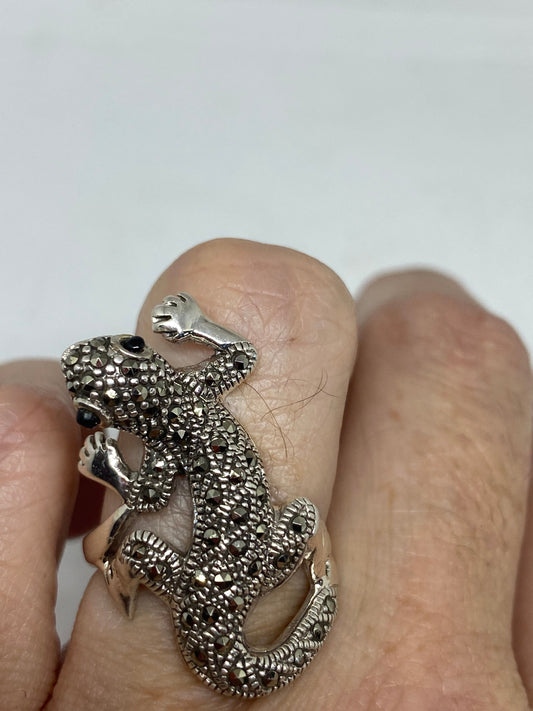 Vintage Lizard Swiss Marcasite Setting 925 Sterling Silver Gothic Ring