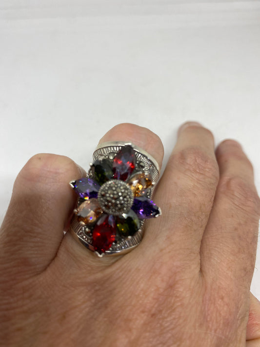 Vintage Genuine Swiss Marcasite Mixed Gemstone Ring 925 Sterling Silver