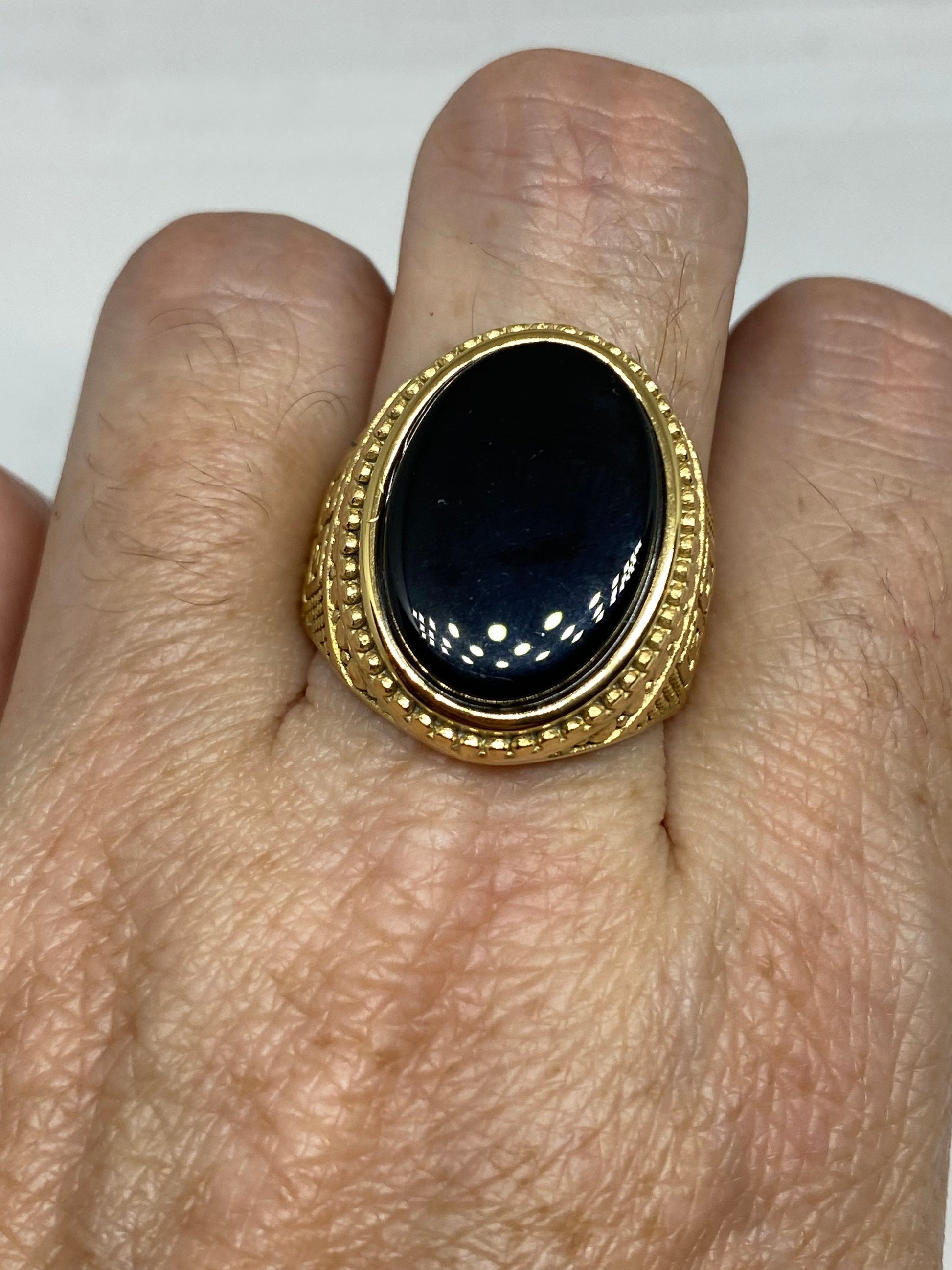 Vintage Gothic Gold Finished Stainless Steel Black Onyx Genuine Ring