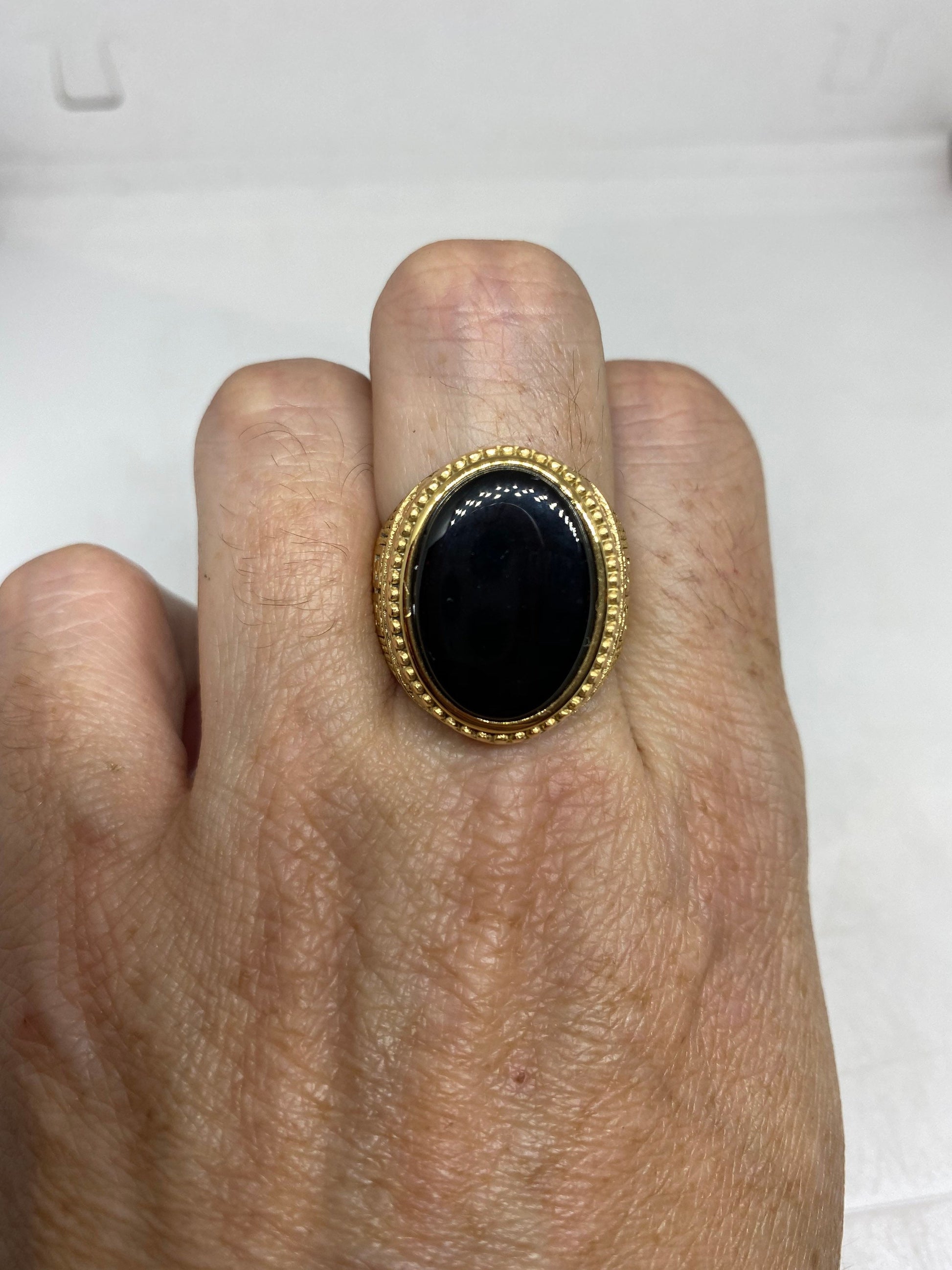 Vintage Gothic Gold Finished Stainless Steel Black Onyx Genuine Ring