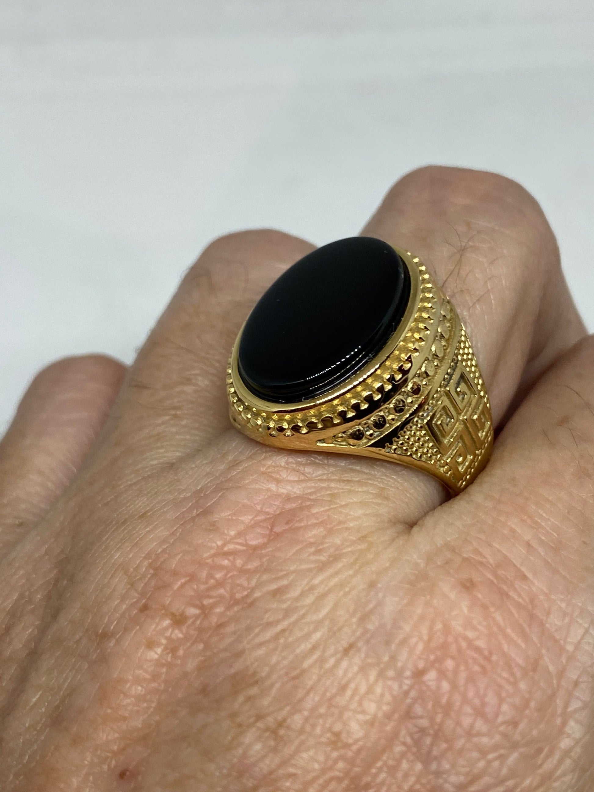 Vintage Gothic Gold Finished Stainless Steel Black Onyx Genuine Ring