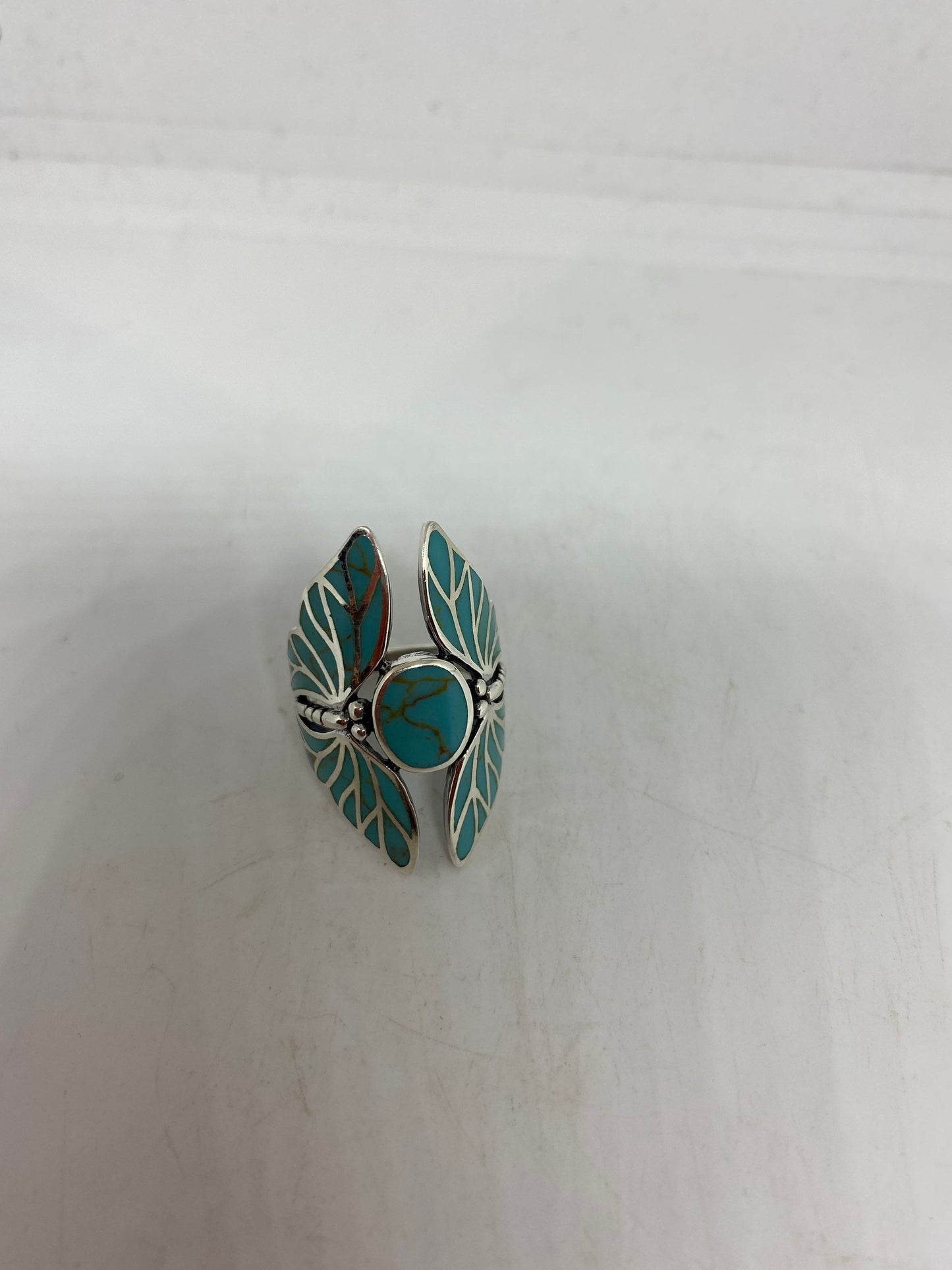Antique Deco Turquoise Inlay Lunar Moth 925 Sterling Silver Ring