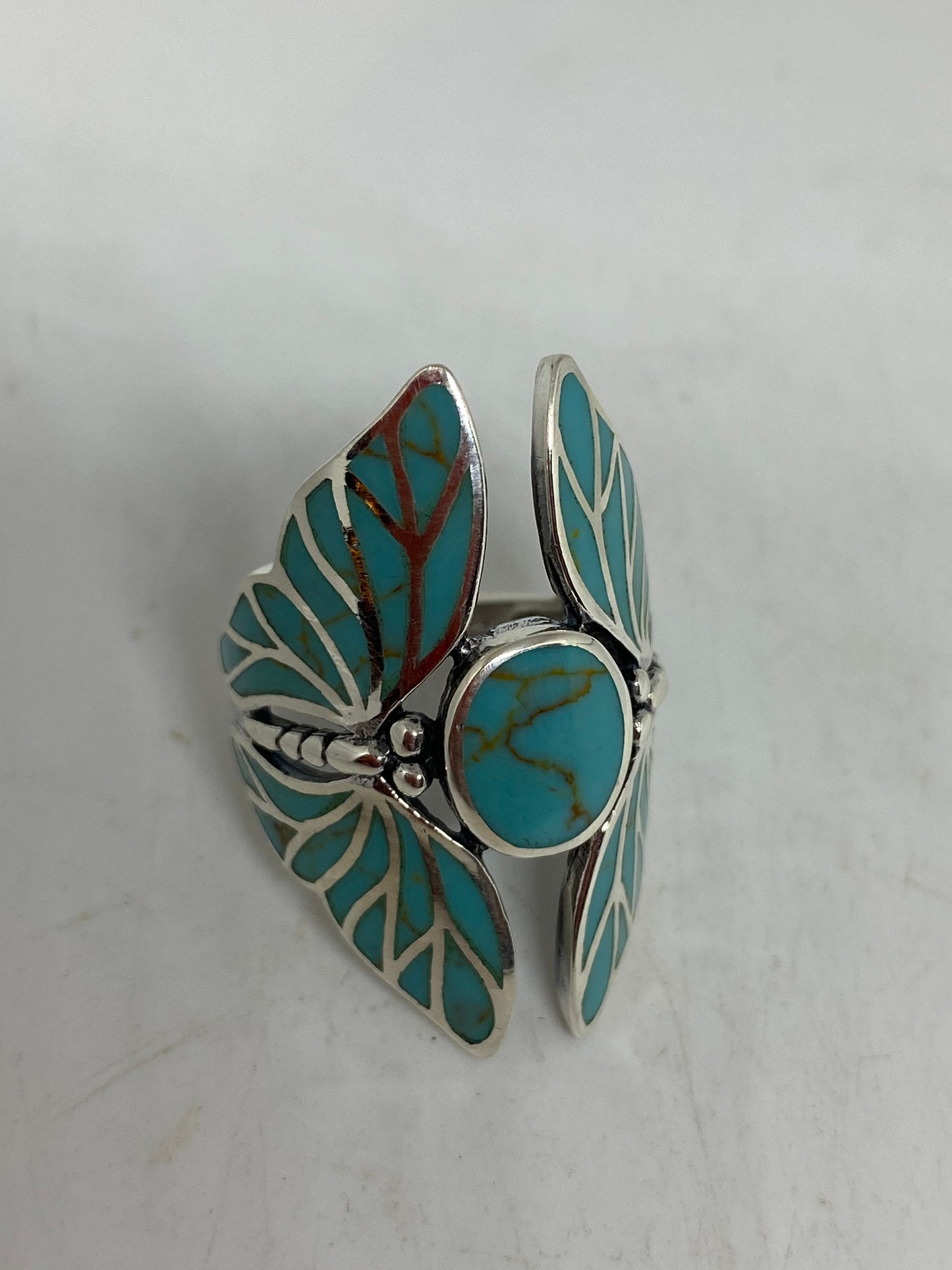 Antique Deco Turquoise Inlay Lunar Moth 925 Sterling Silver Ring