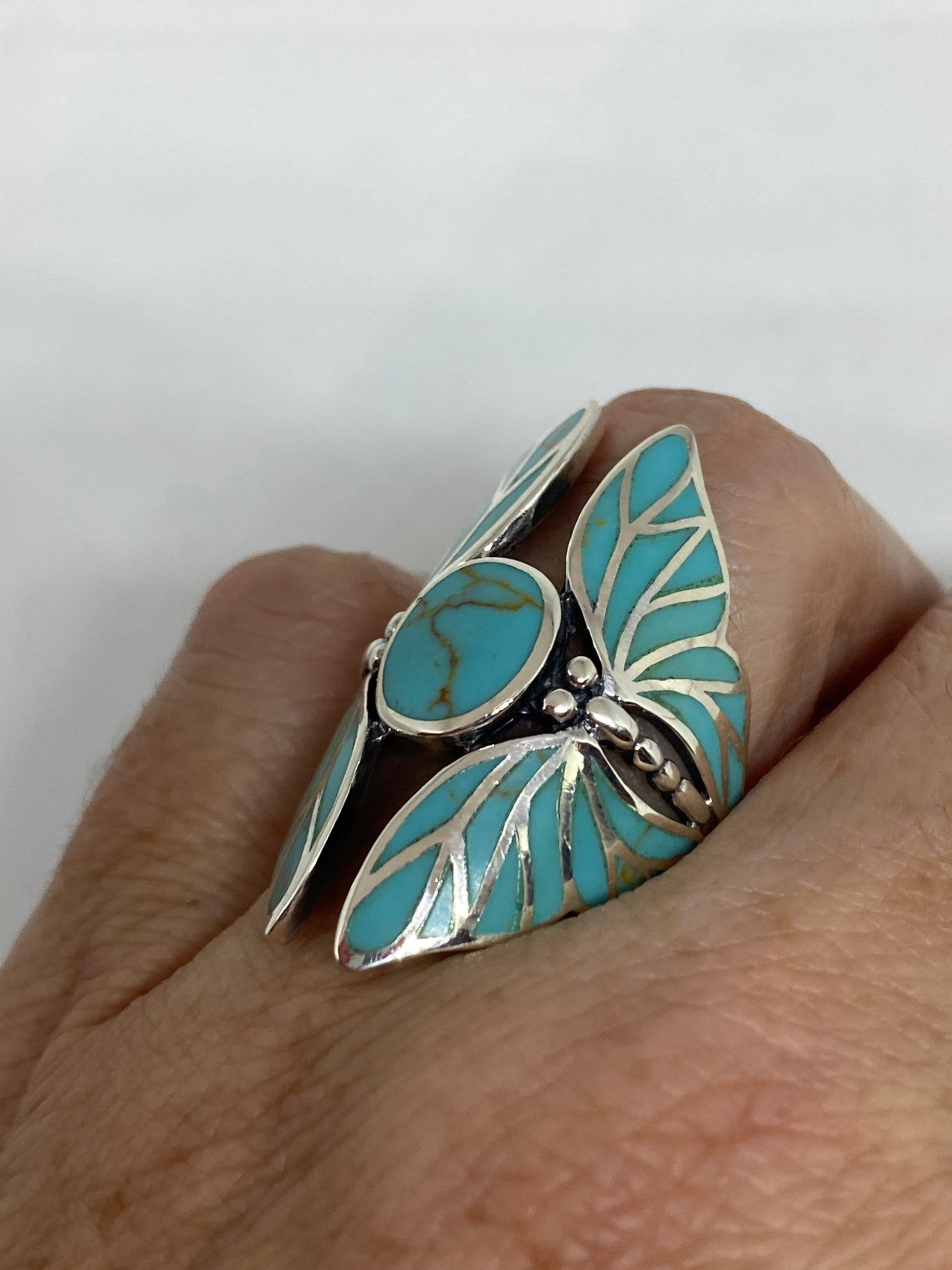Antique Deco Turquoise Inlay Lunar Moth 925 Sterling Silver Ring