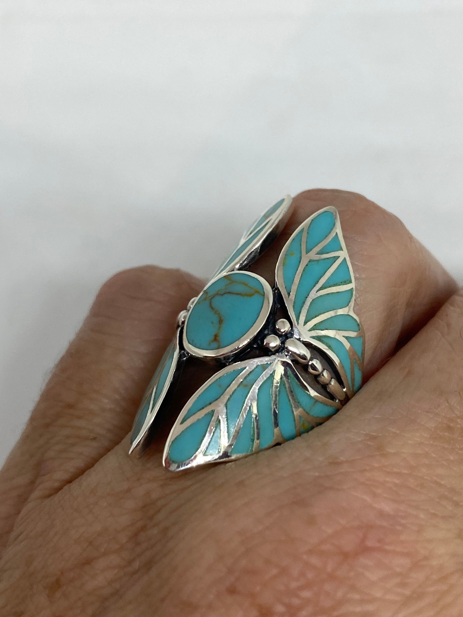 Antique Deco Turquoise Inlay Lunar Moth 925 Sterling Silver Ring
