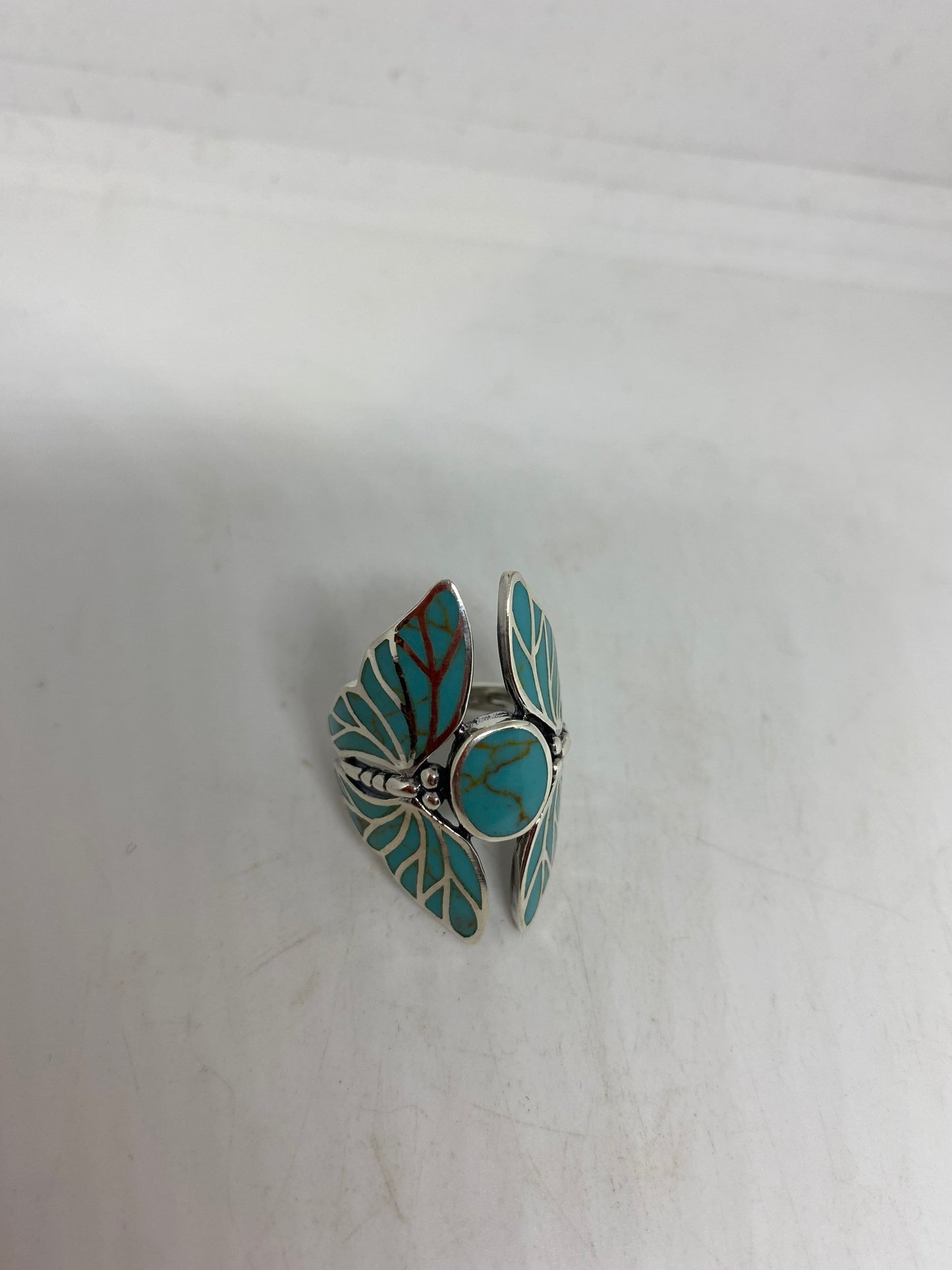 Antique Deco Turquoise Inlay Lunar Moth 925 Sterling Silver Ring
