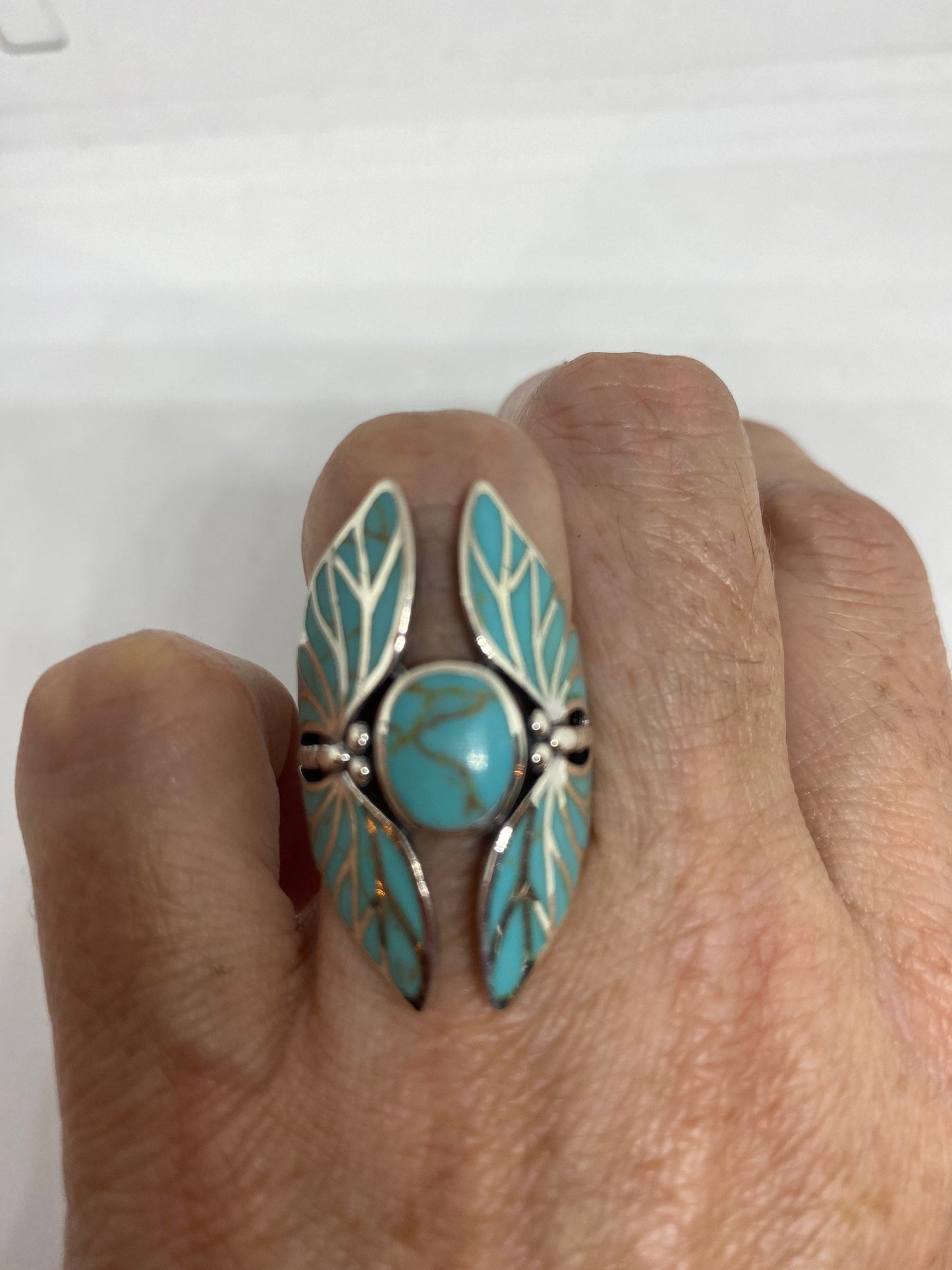 Antique Deco Turquoise Inlay Lunar Moth 925 Sterling Silver Ring