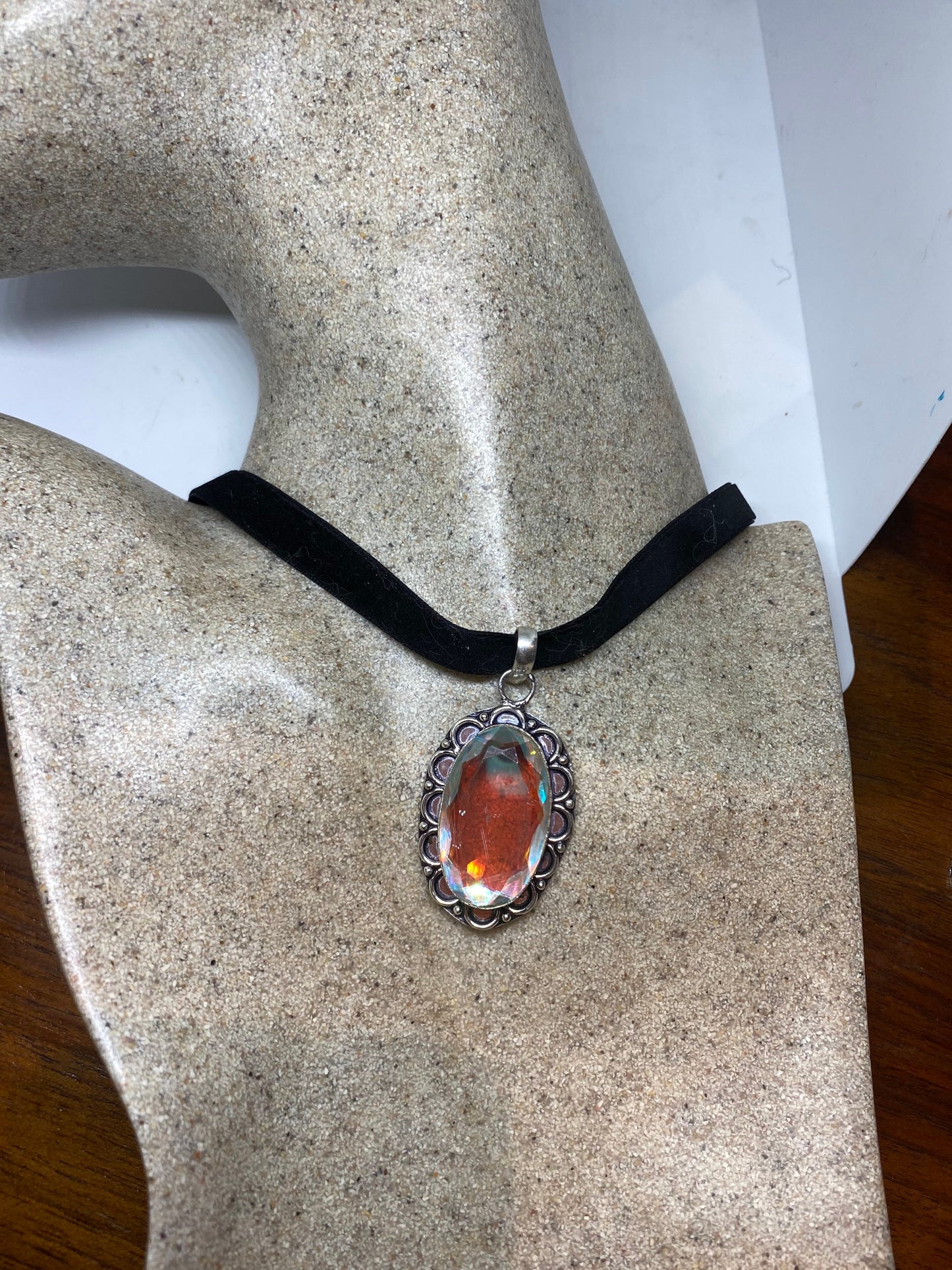 Vintage Opal glsss Silver Necklace Choker