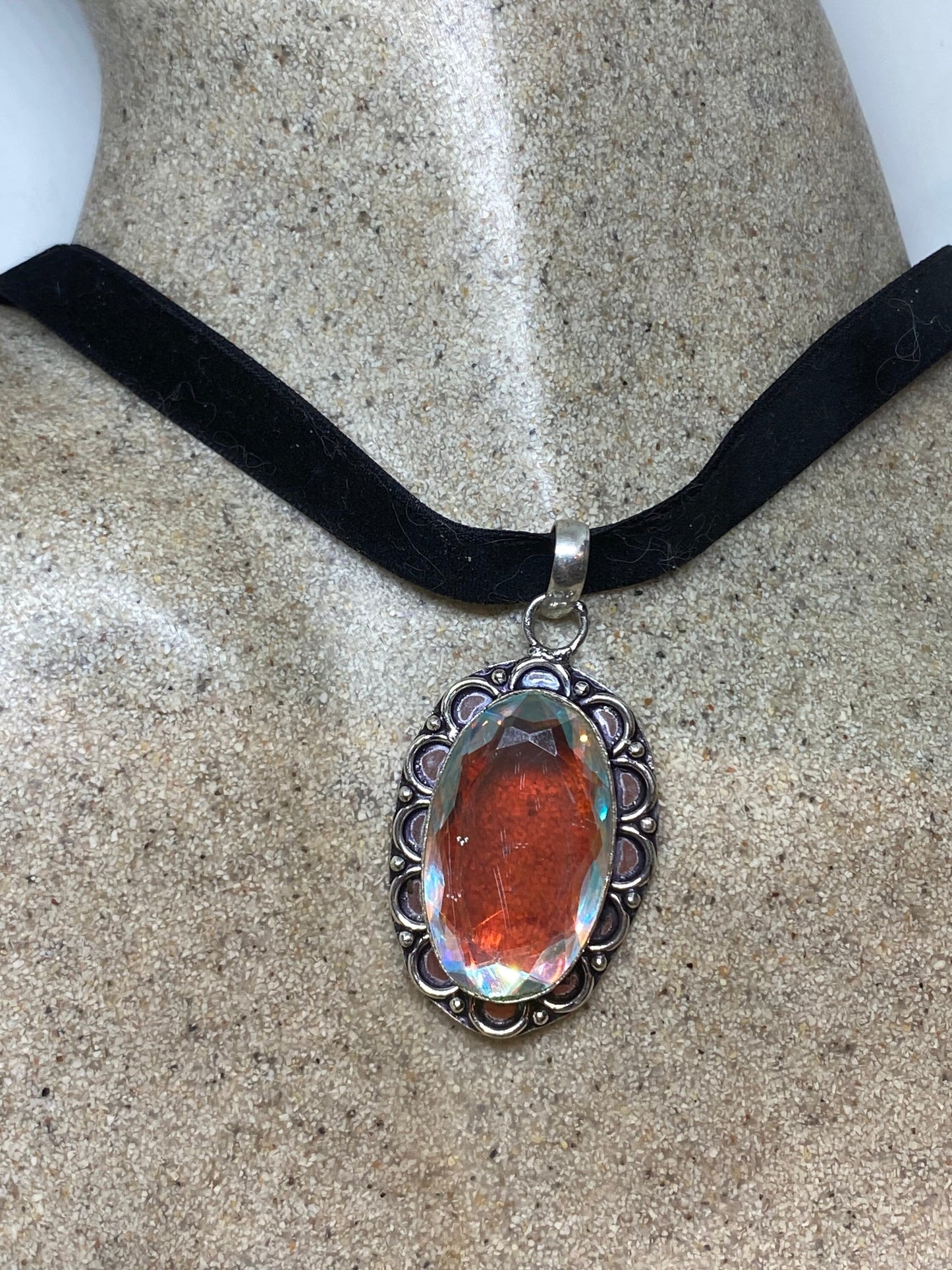 Vintage Opal glsss Silver Necklace Choker