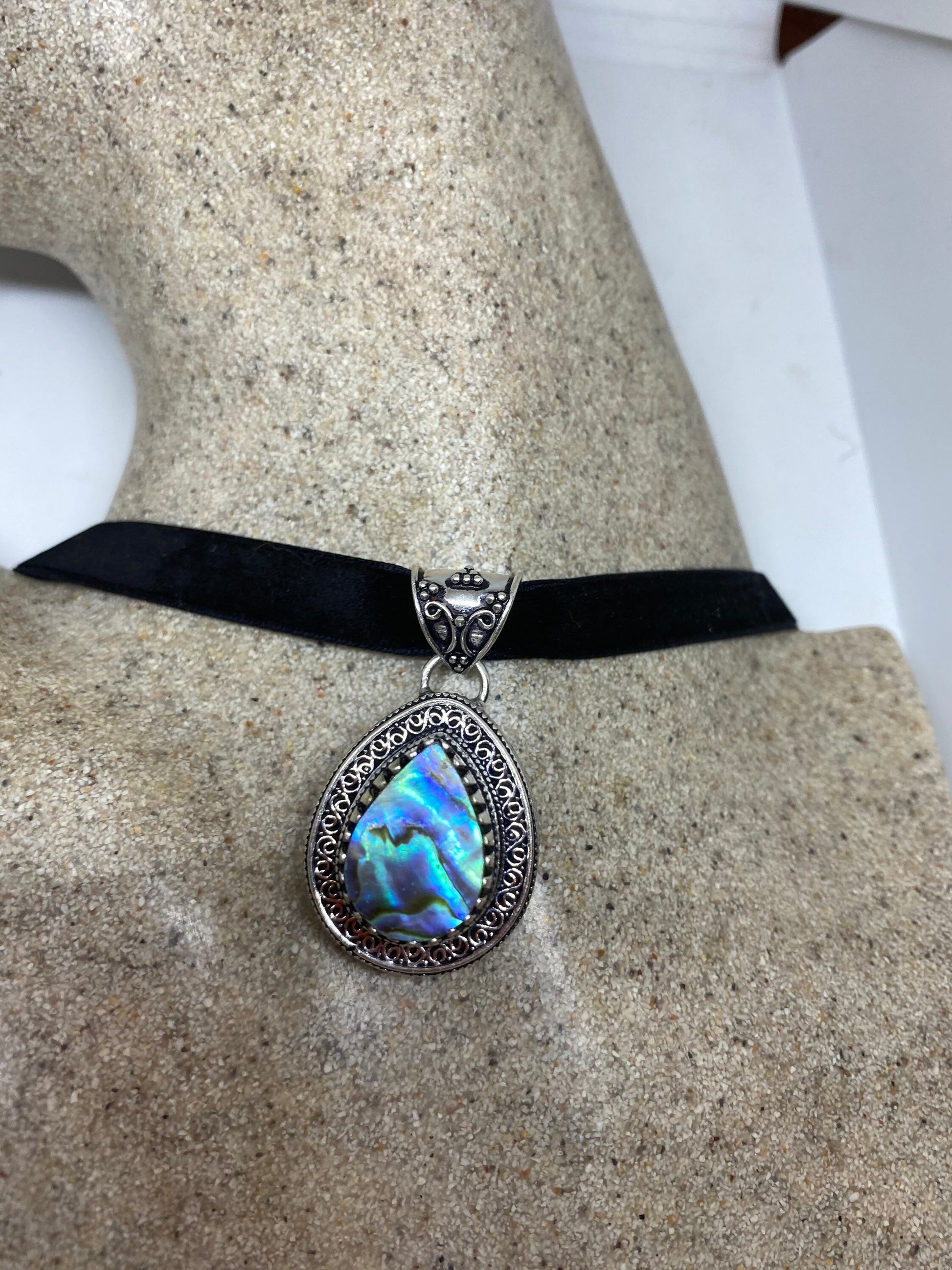 Vintage Silver Finished Genuine Antique Abalone Choker Necklace
