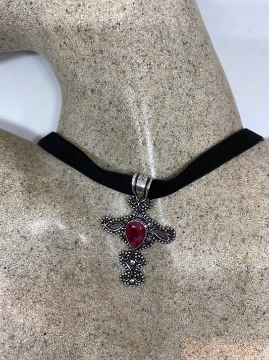 Vintage Pink Raw Ruby Cross Choker Pendant Necklace