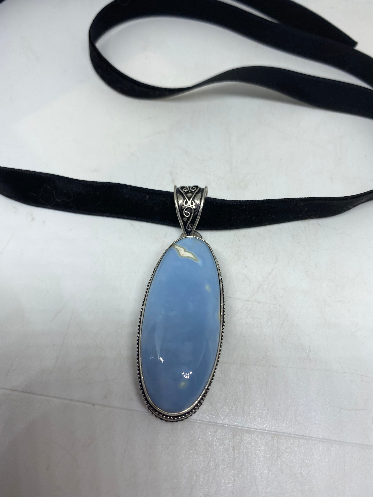 Vintage Silver Finished Blue Larimar Choker Necklace