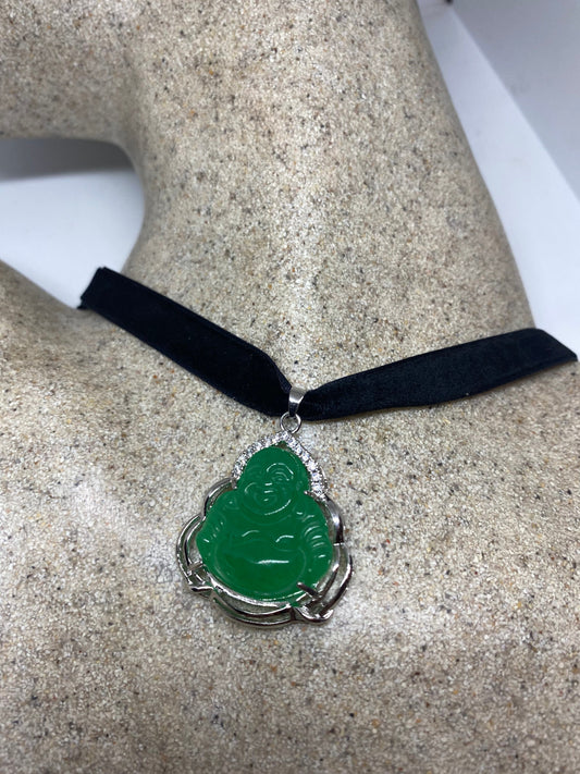 Vintage Green Jade Buddha Silver Finish Necklace