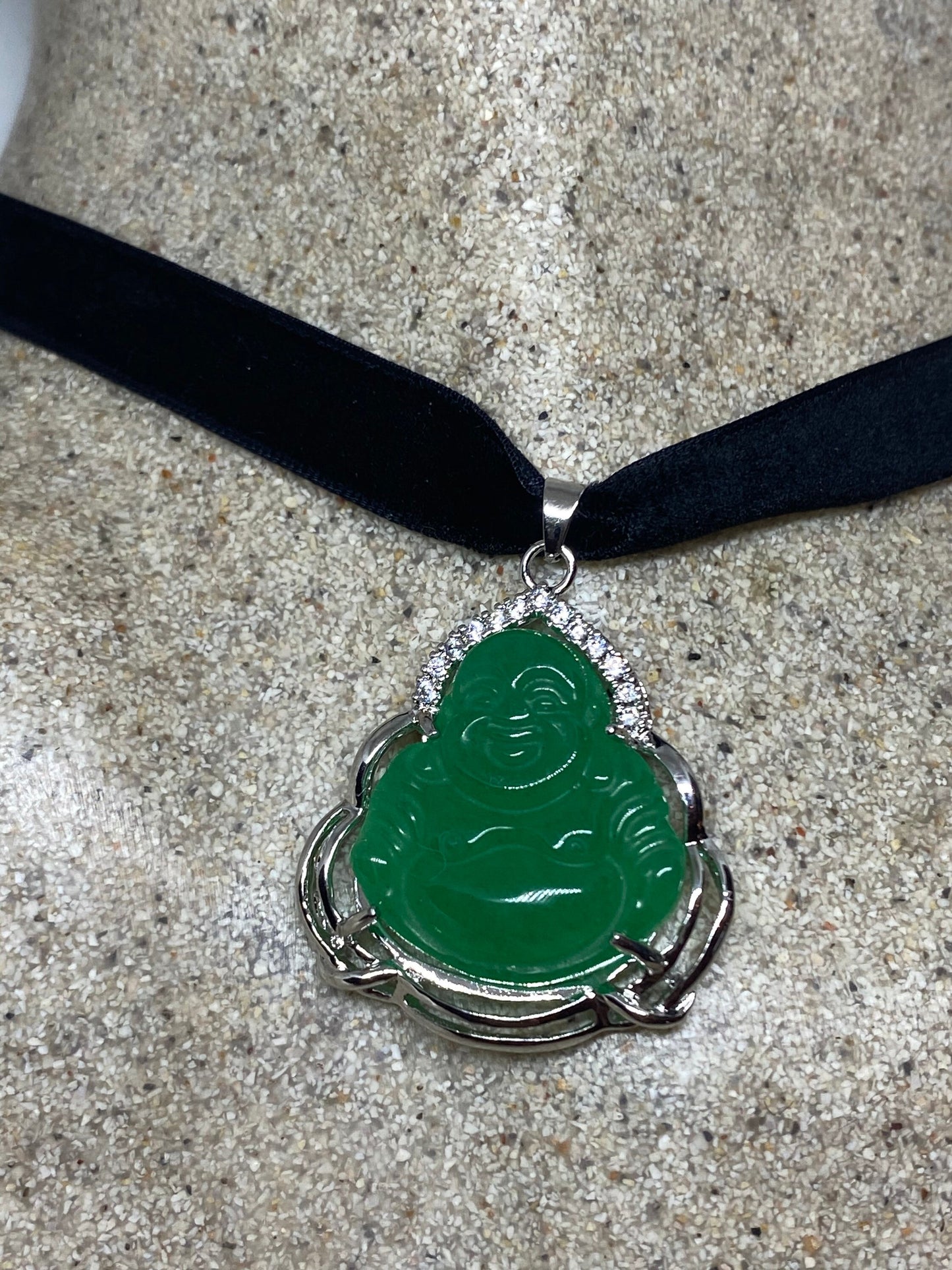 Vintage Green Jade Buddha Silver Finish Necklace