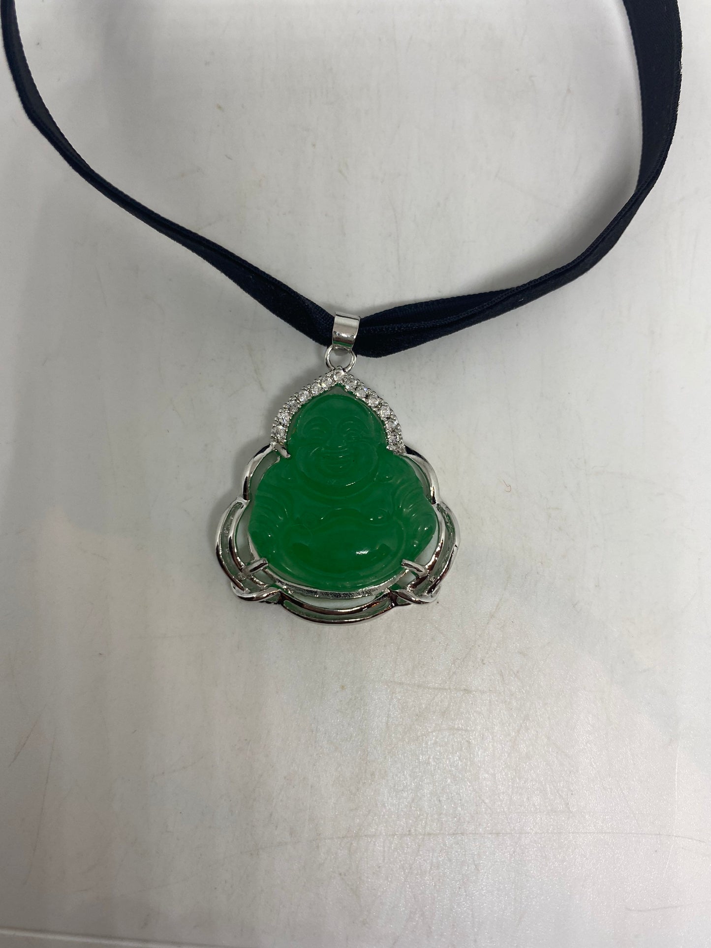 Vintage Green Jade Buddha Silver Finish Necklace