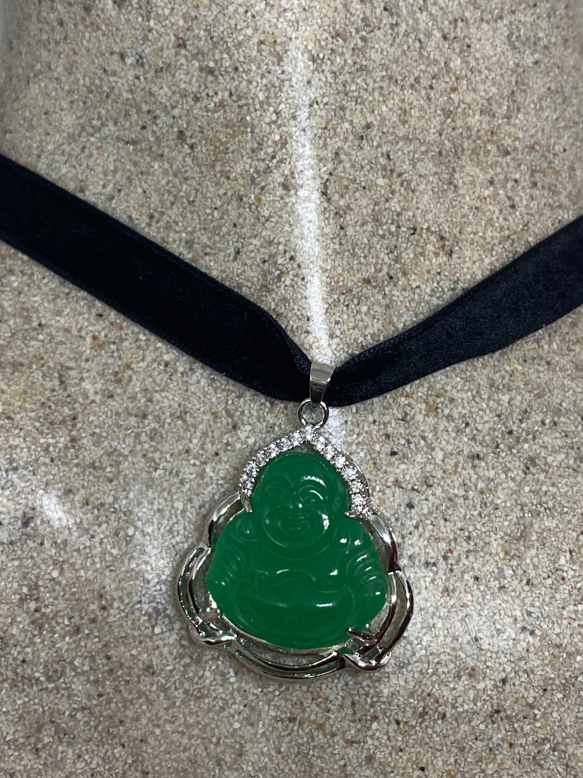 Vintage Green Jade Buddha Silver Finish Necklace