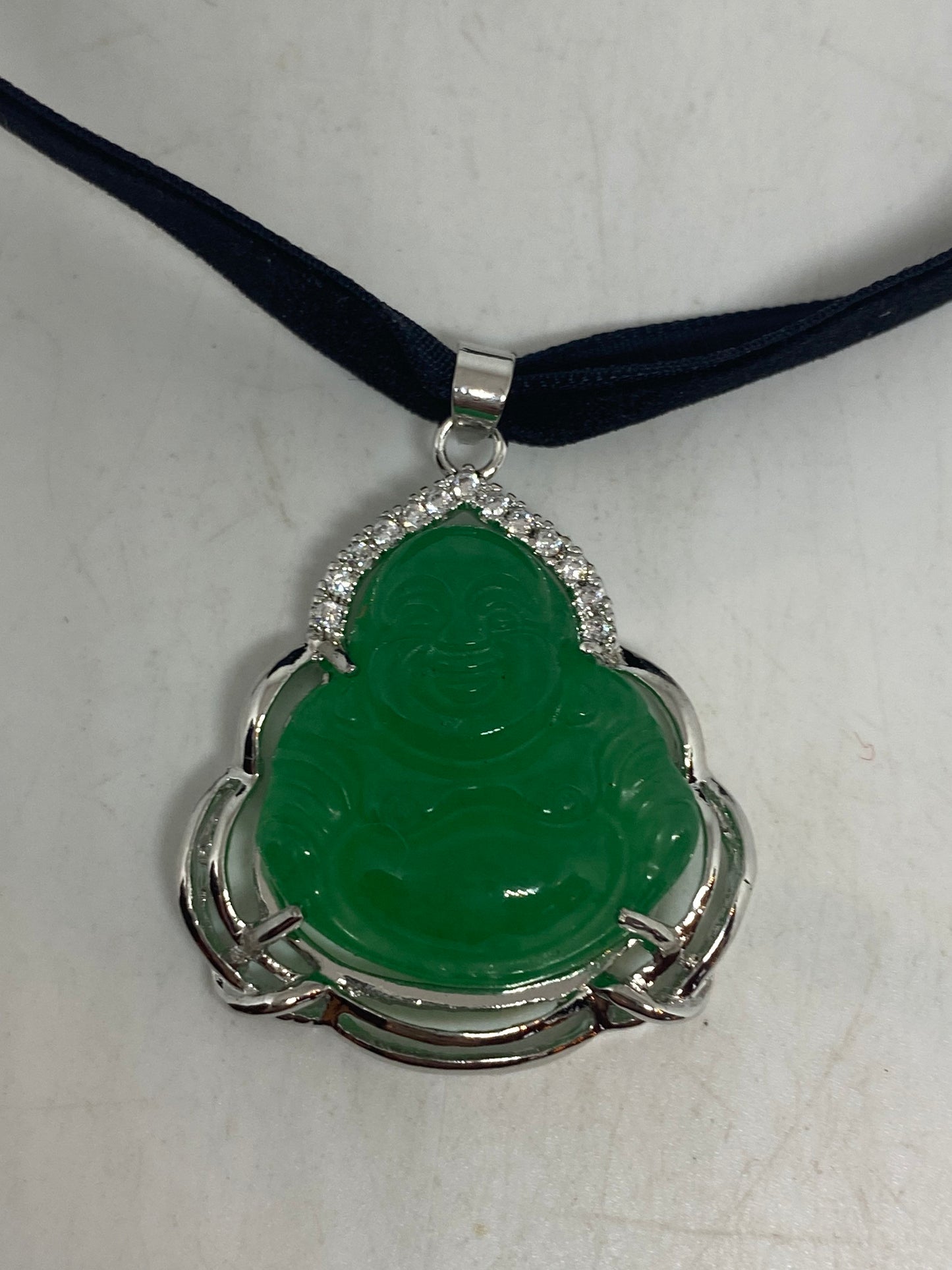 Vintage Green Jade Buddha Silver Finish Necklace