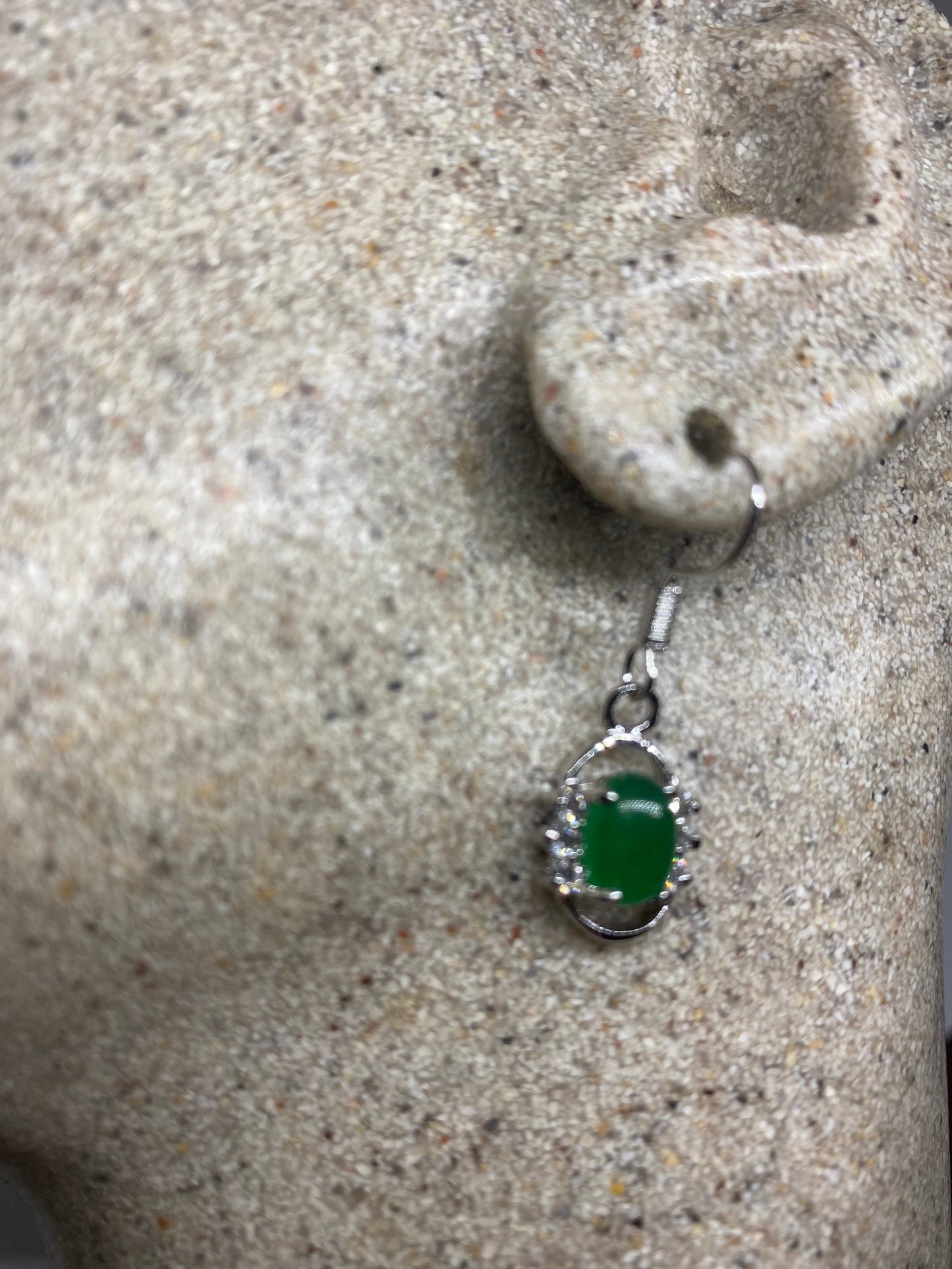 Vintage Fun Green Jade Gemstone Silver Bronze Earrings