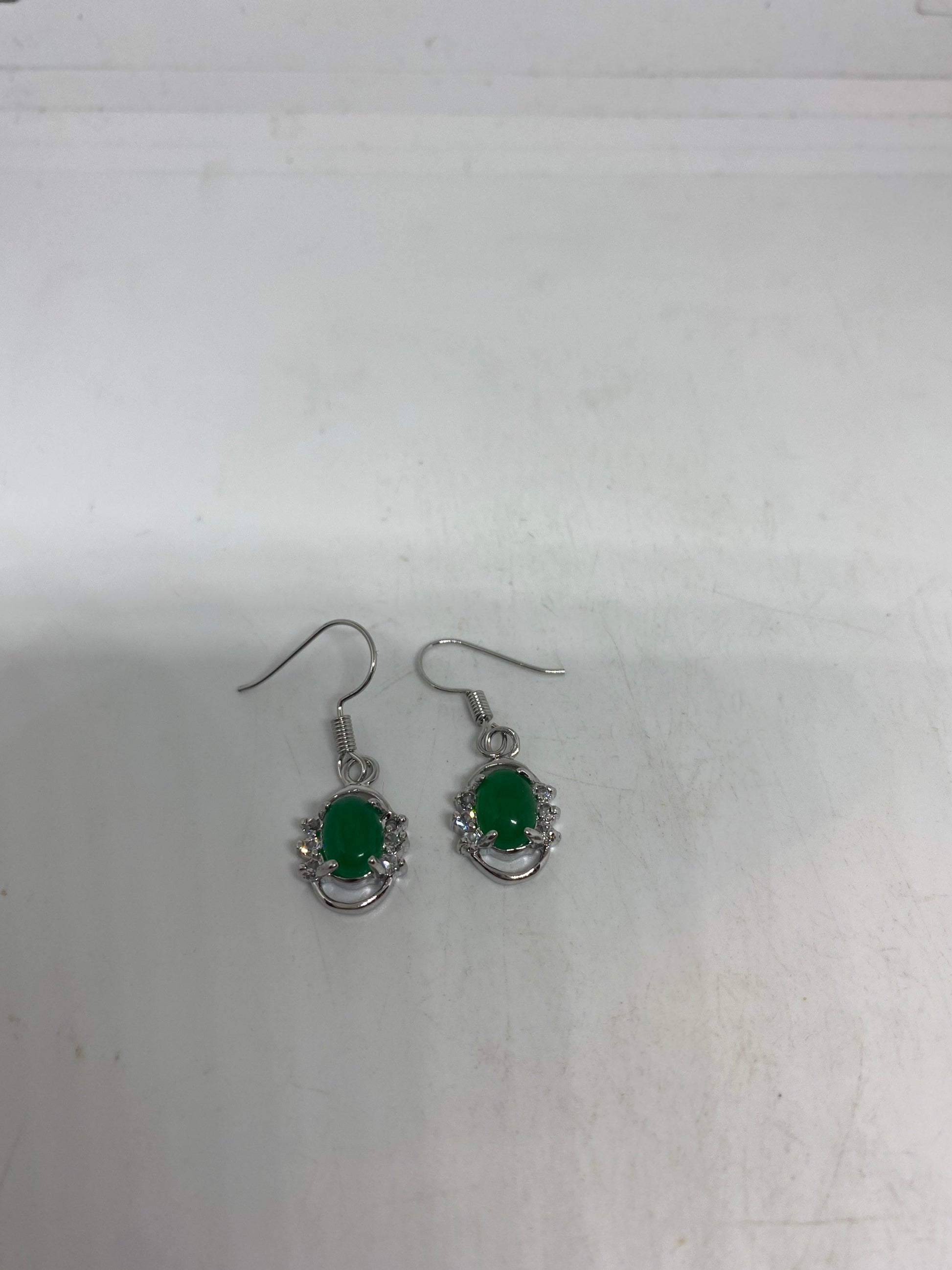 Vintage Fun Green Jade Gemstone Silver Bronze Earrings