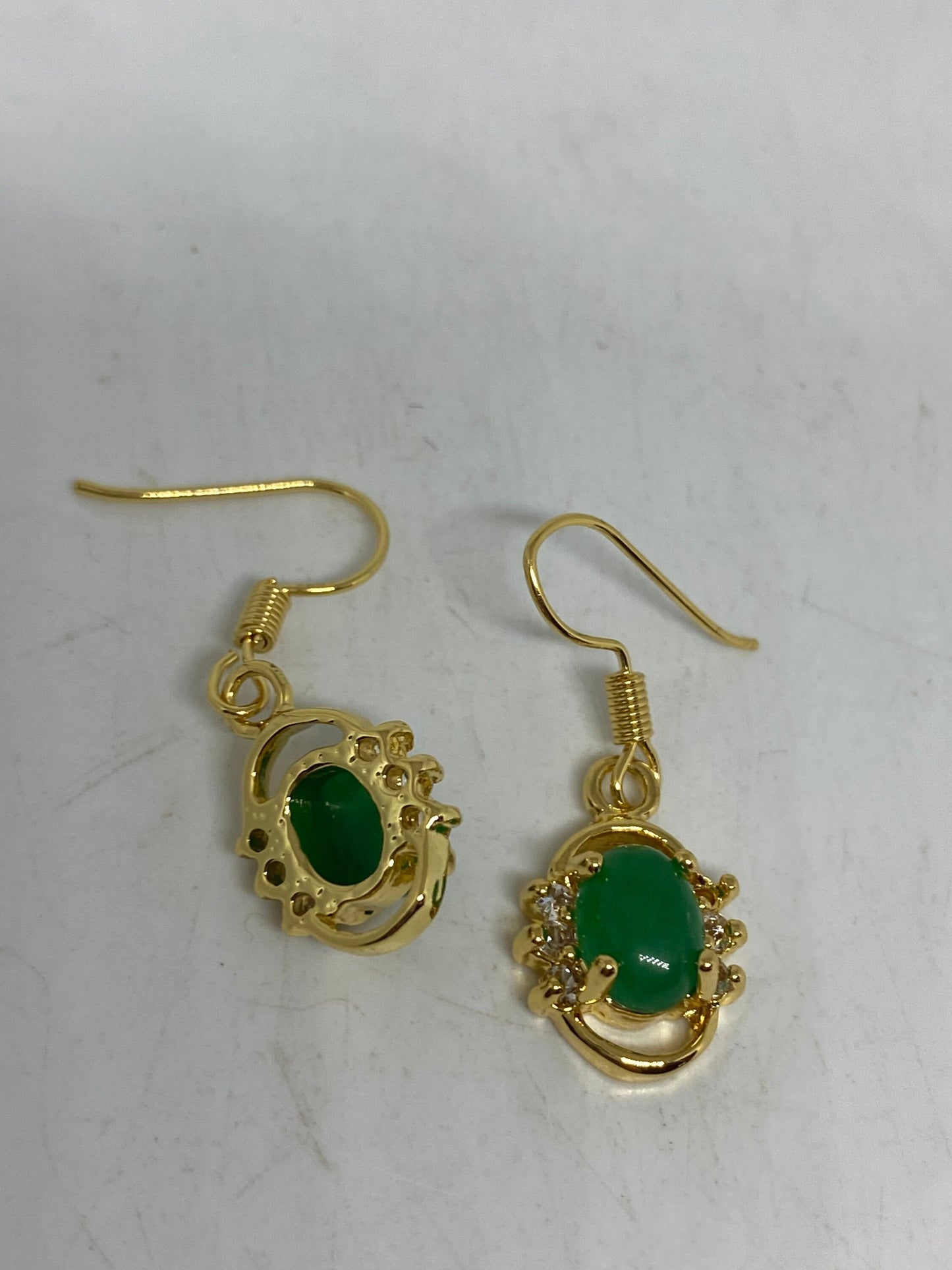 Vintage Fun Green Jade Gemstone Gold Bronze Earrings