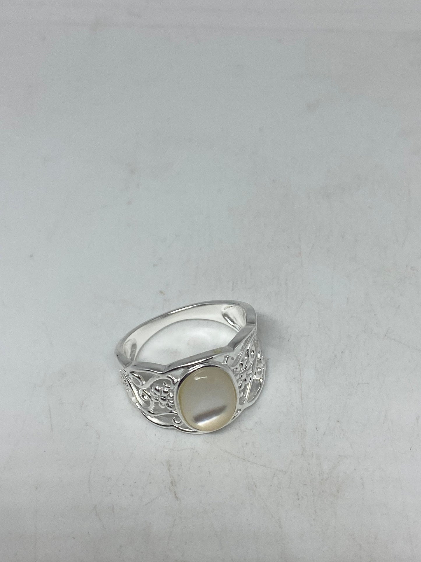 Antique White Mother of Pearl Filigree Sterling Silver Ring