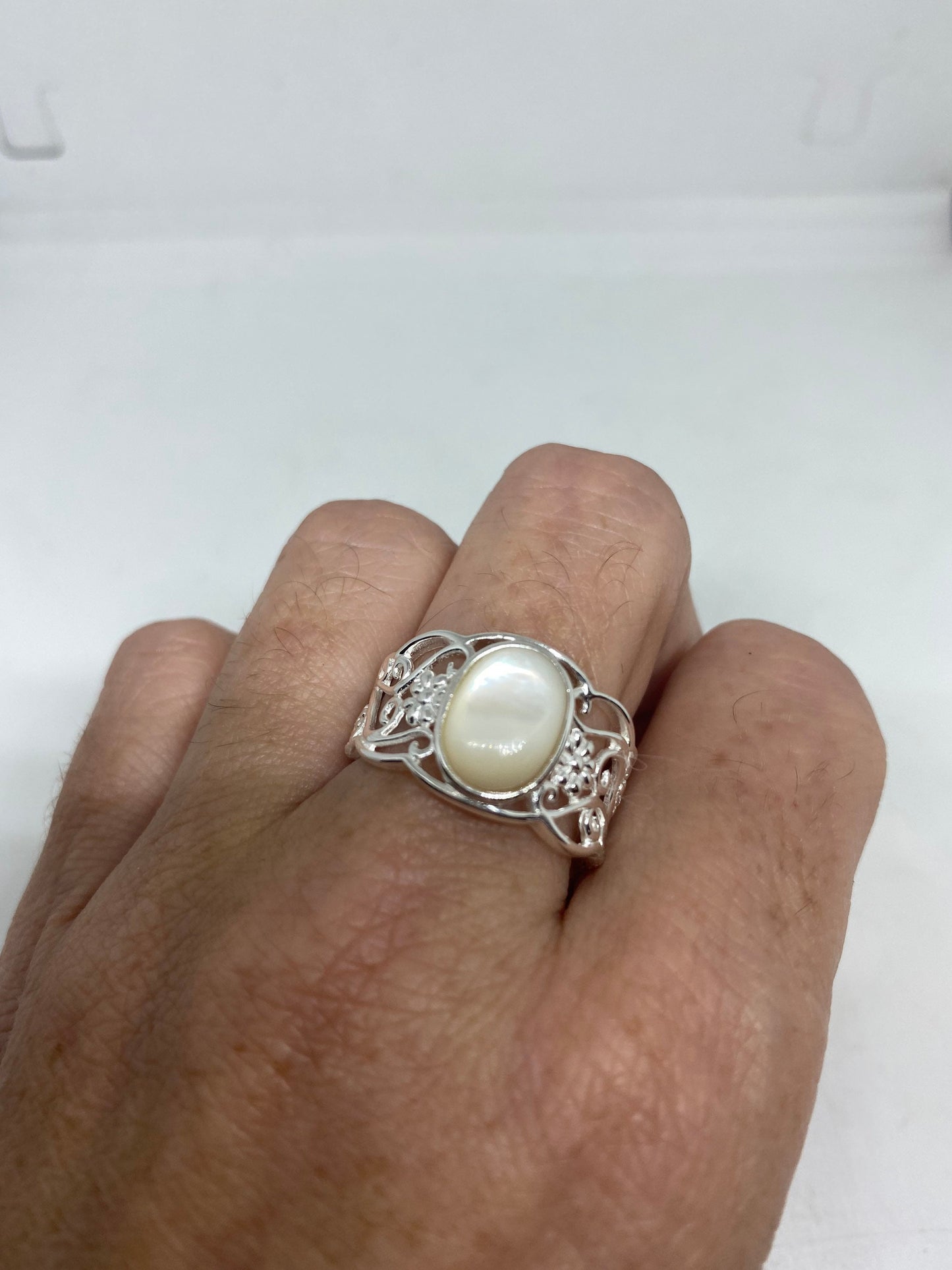 Antique White Mother of Pearl Filigree Sterling Silver Ring