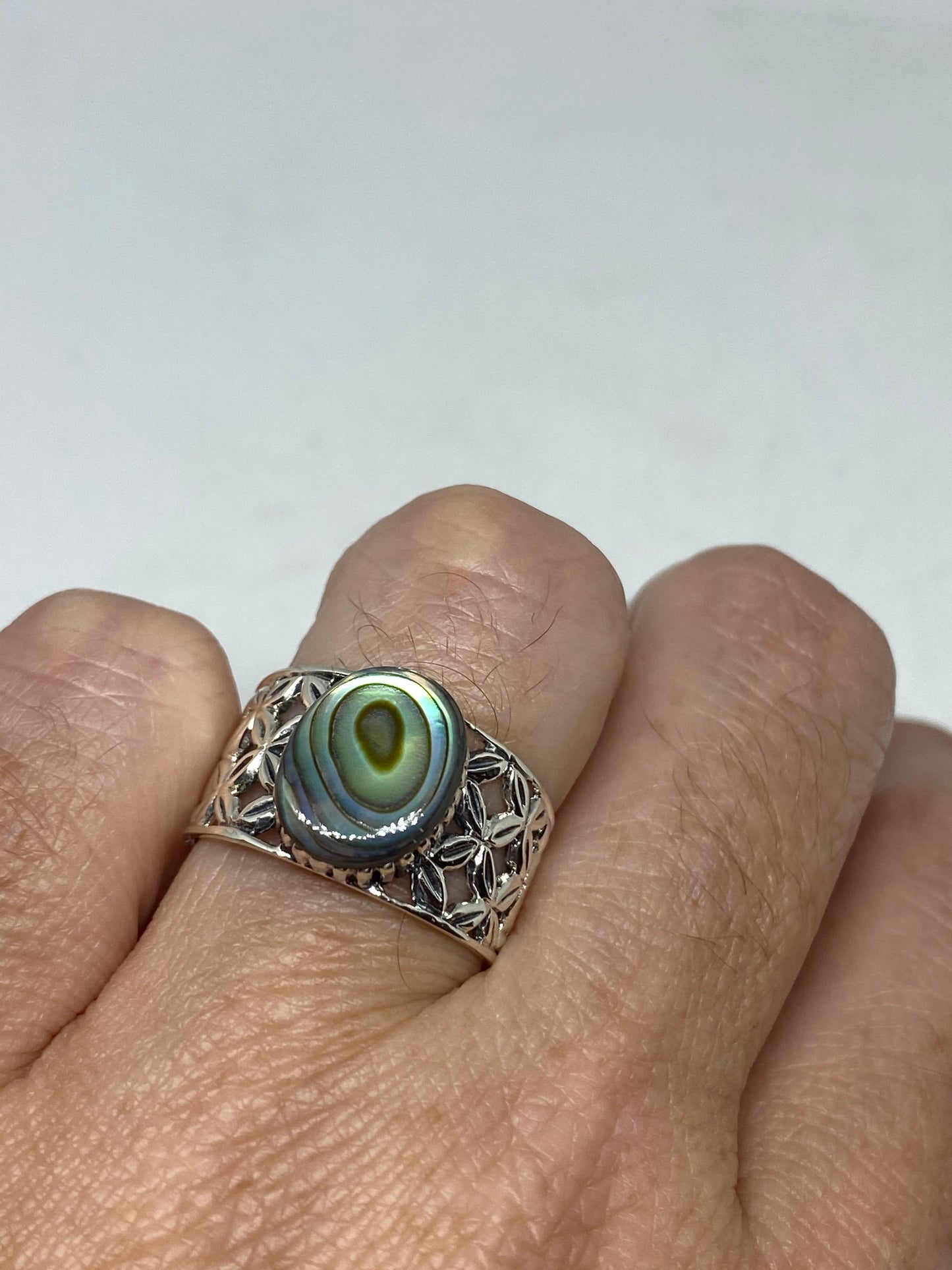 Antique Green Abalone Celtic Knot Filigree Sterling Silver Ring