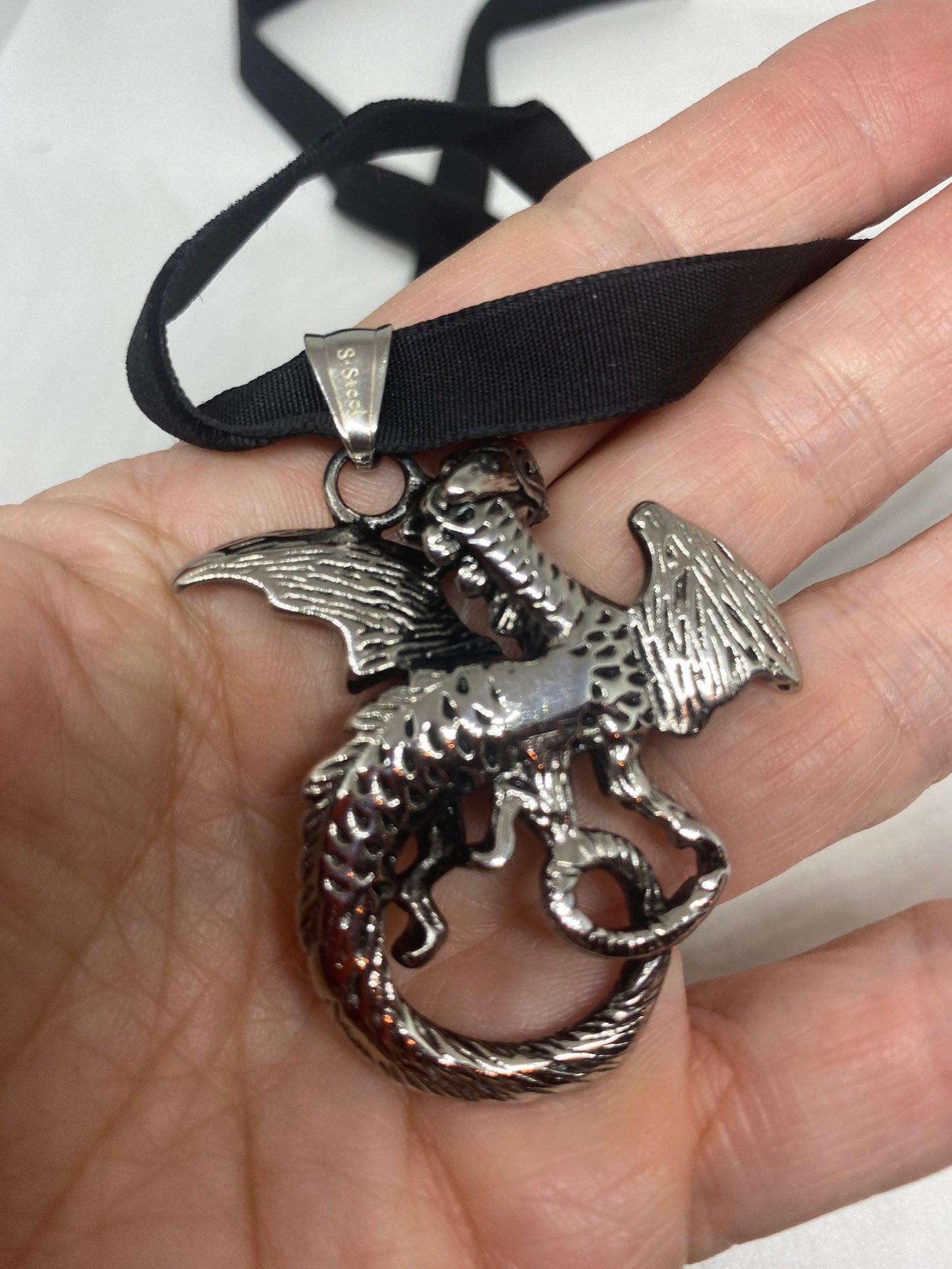 Vintage Handmade Silver Stainless Steel Gothic Dragon Pendant Necklace
