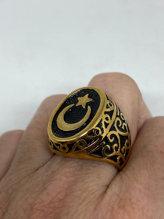 Vintage Gothic Golden Stainless Steel Muslim Star Cresant Mens Ring