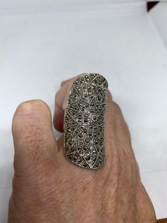 Vintage Handmade Genuine Swiss Marcasite Setting 925 Sterling Silver Gothic Ring