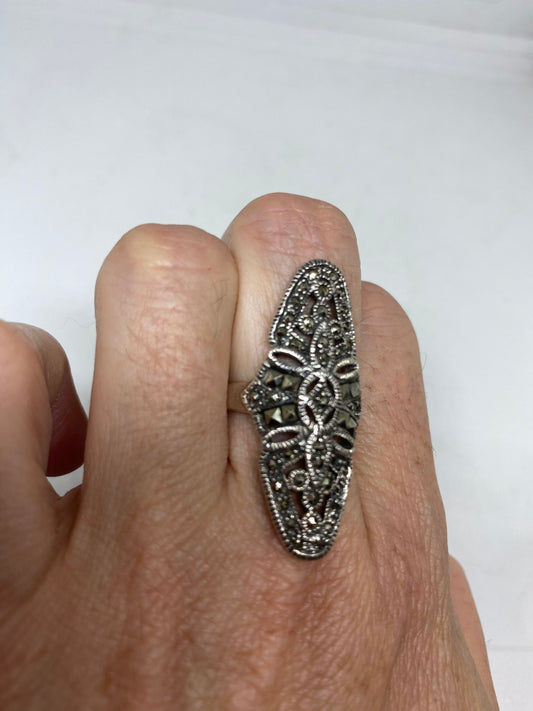 Vintage Handmade Genuine Swiss Marcasite Setting 925 Sterling Silver Gothic Ring