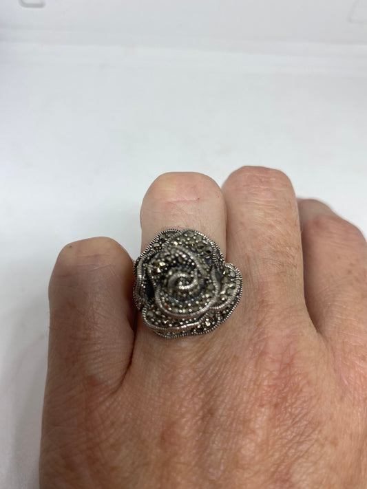 Vintage Handmade Genuine Swiss Marcasite Setting 925 Sterling Silver Gothic Ring