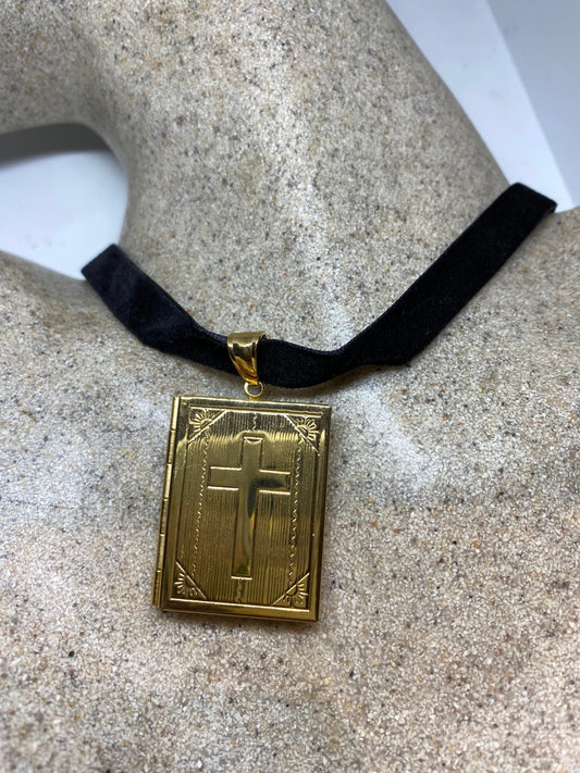 Vintage Cross Locket Choker Golden Stainless Steel Deco Etched Necklace