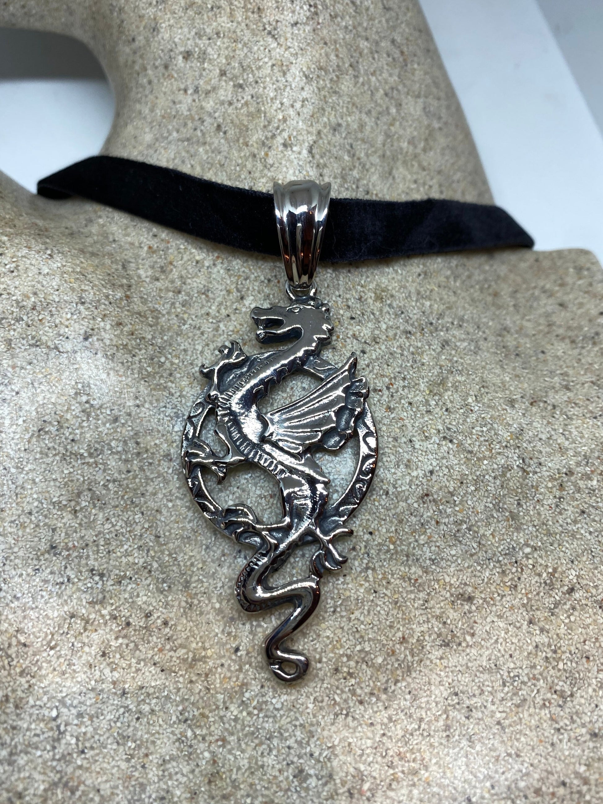 Vintage Silver Stainless Steel Gothic Celtic Dragon Pendant Necklace