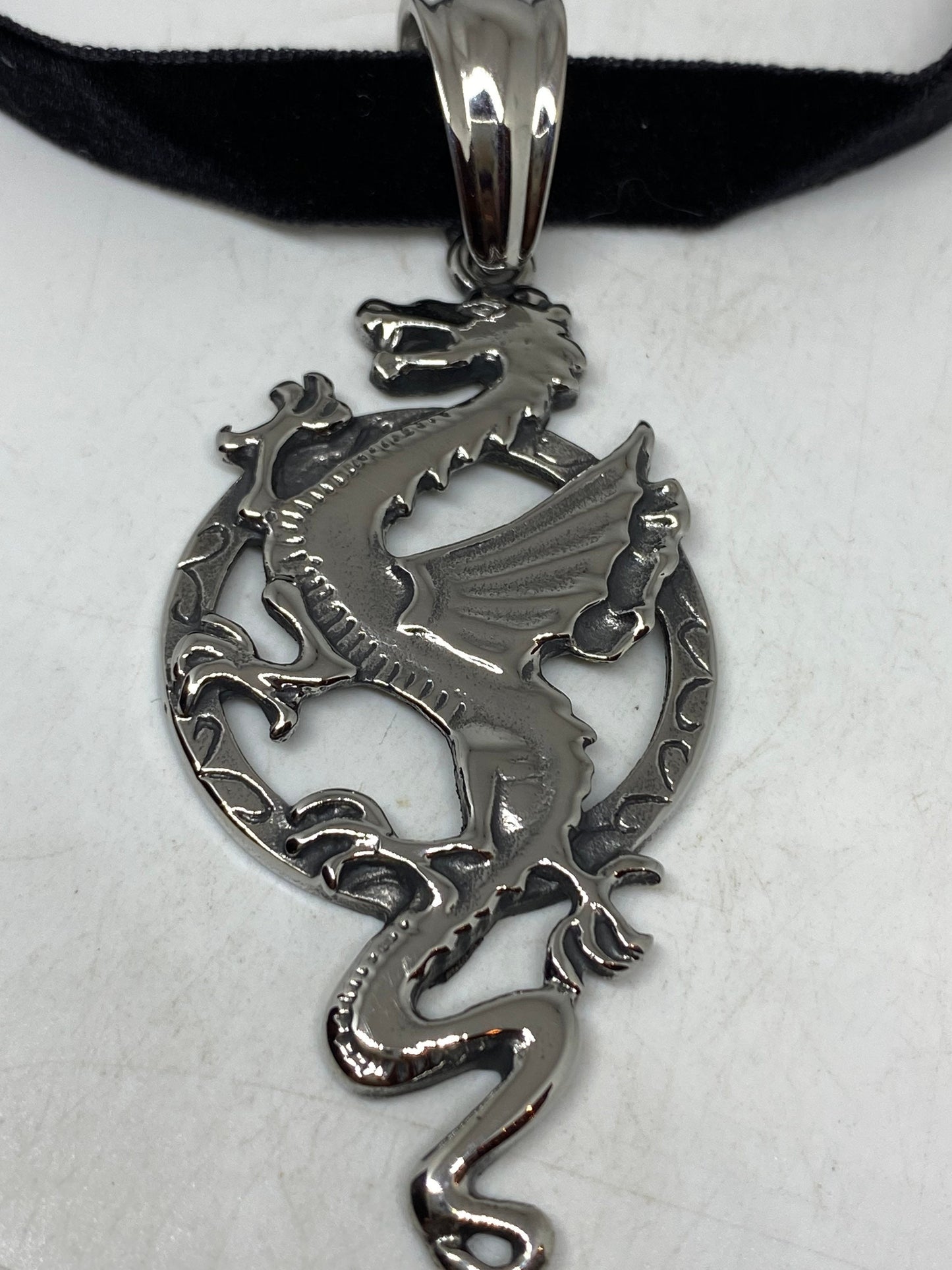 Vintage Silver Stainless Steel Gothic Celtic Dragon Pendant Necklace